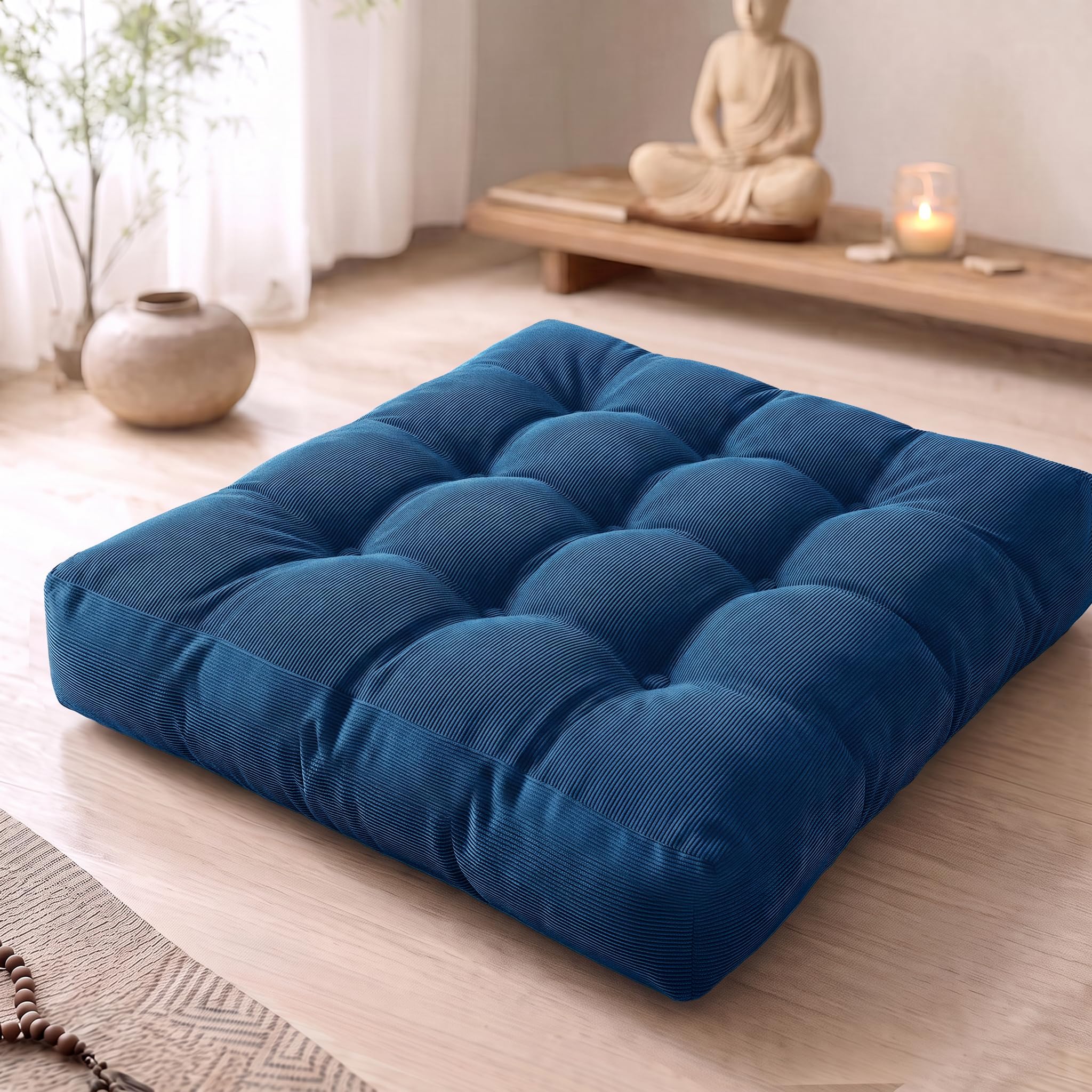 Degrees of Comfort Floor Cushion Pillow, Square Large Pillows Seating for Adults, Tufted Corduroy Floor Cushions for Living Room Tatami, Navy Blue, 22x22 Inch