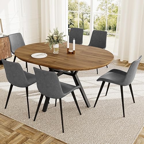 Miniatura 7 de Juego de mesa de comedor redonda extensible para 6 personas, mesa de cocina extensible de 43.3 a 59.1 pulgadas con 6 sillas tapizadas, ahorro de