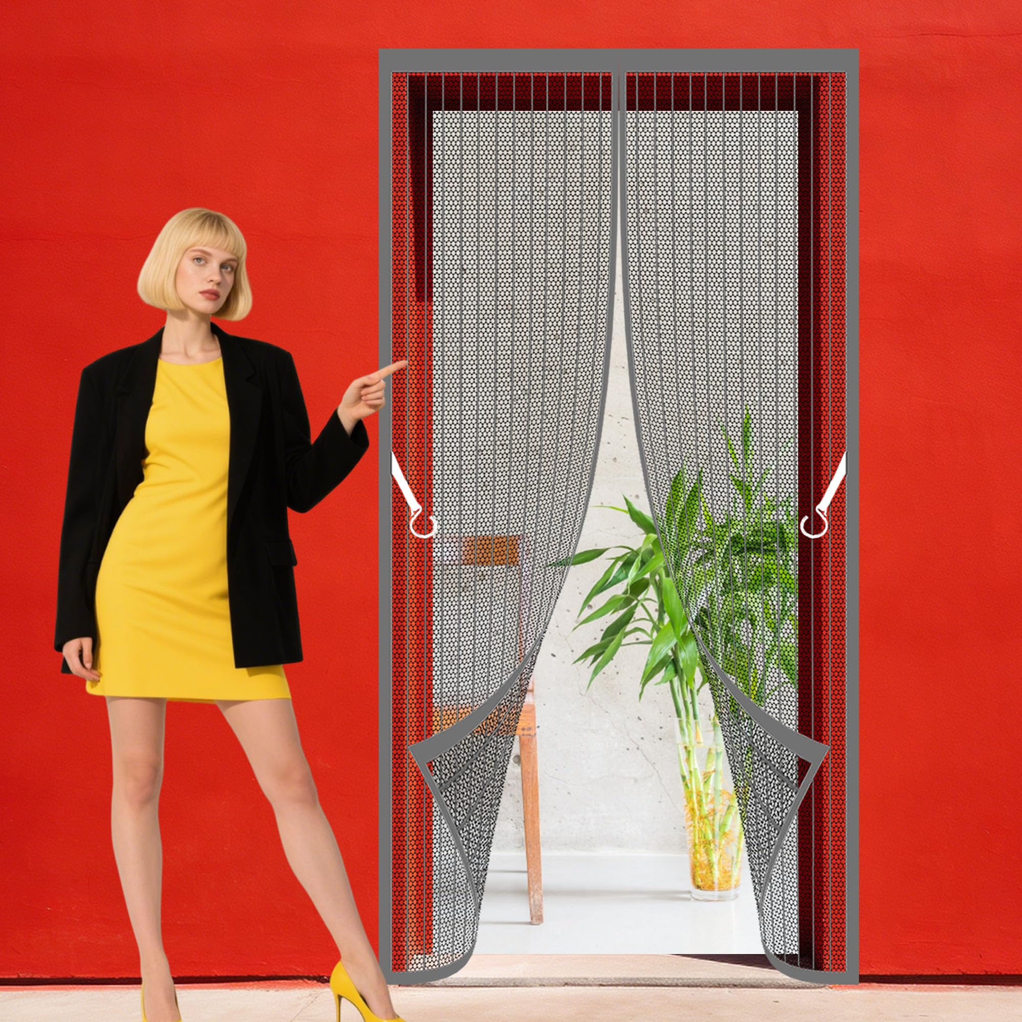 Fly Screen Door 92 x 214 cm Self Sealing Heavy Duty Fly Door Screen Mesh Powerful Magnets and Full Frame Magic Tape, No Drill Installation for Living Room, Bedroom, Patio, Grey