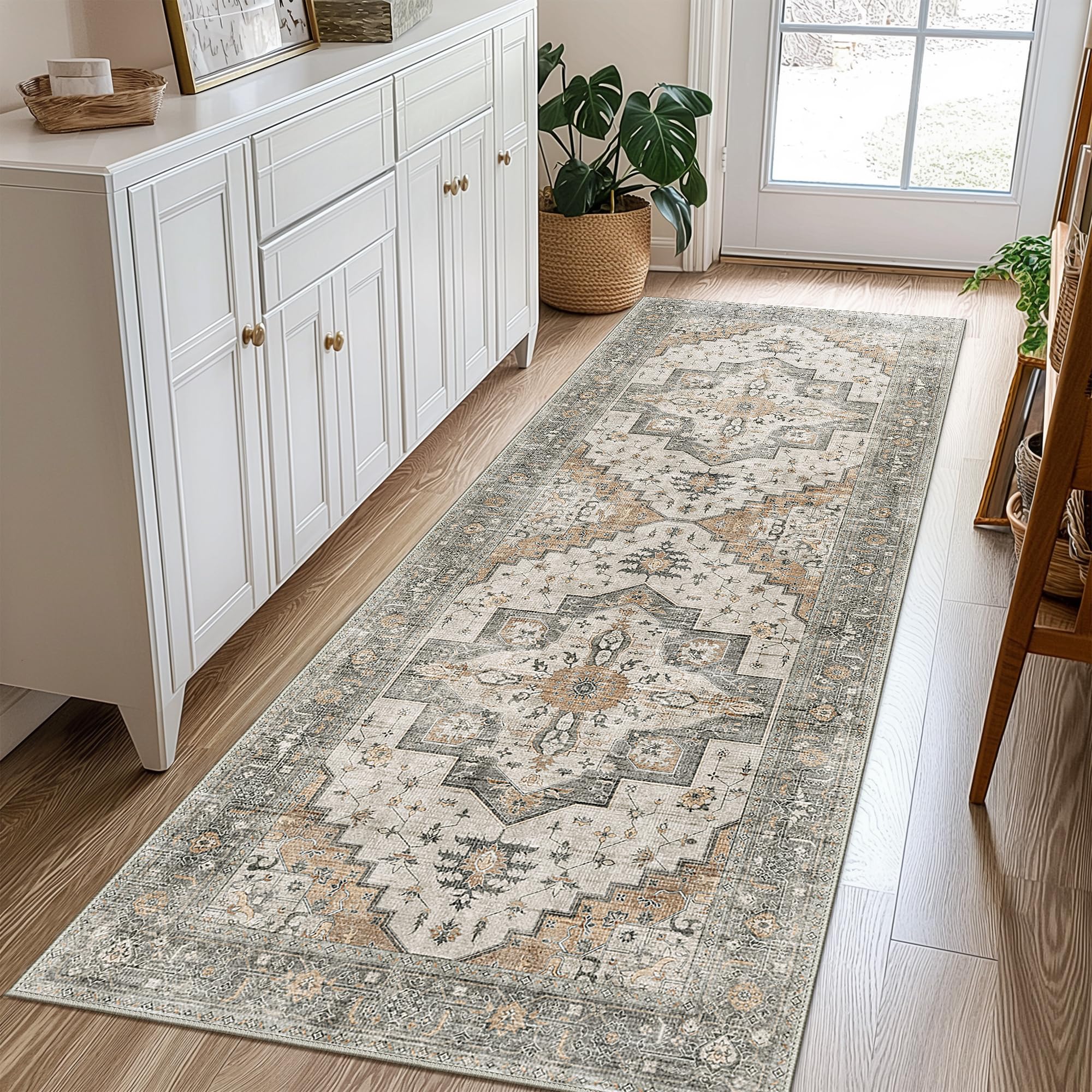 2X10 Area Rugs Machine Washable Runner Rugs for Living Room, Vintage Boho Rugs for Bedroom Dining Room, Non Slip Indoor Soft Distressed Lightweight Thin Low Pile Carpet, Taupe
