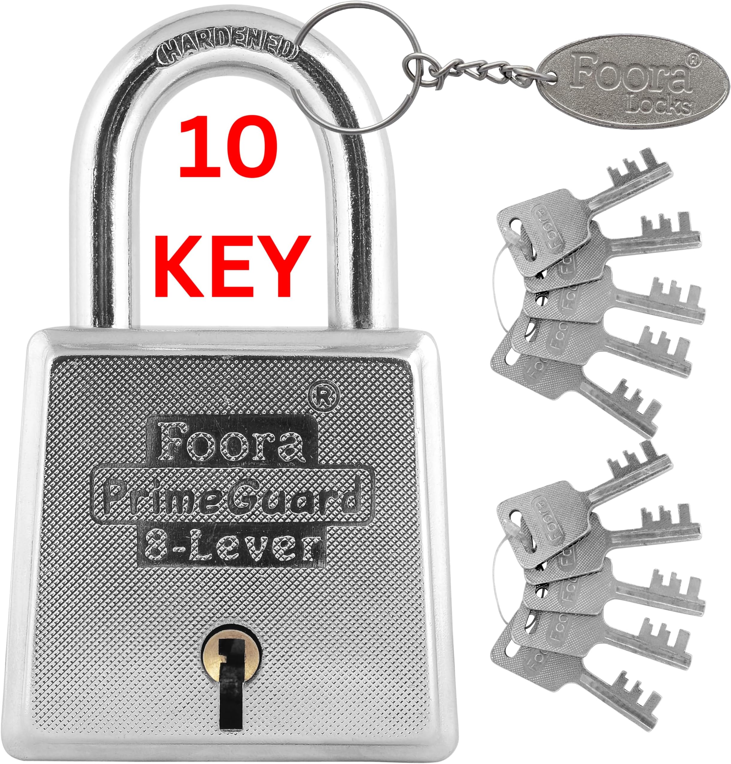 FooraPrimeGurad 60 with 10 Keys Padlock, Double Locking, Iron Zinc 8 Lever for Door, Gate, Shutter,Hardened Shackle Heavy Duty Key Lock, Size 60mm Silver Glossy Finish 1 Key Chain