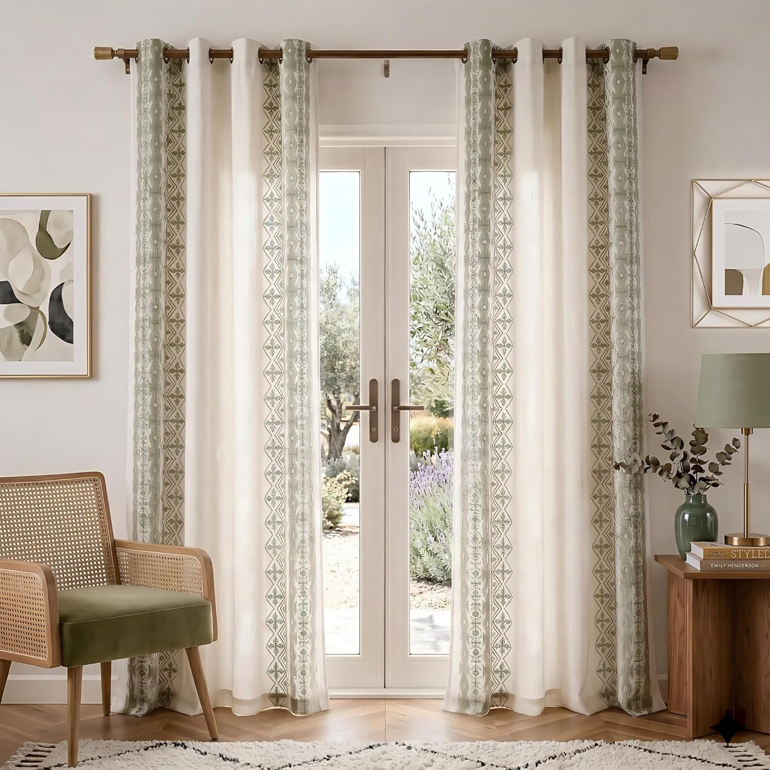 NICETOWN 102" Long Sage Green Embroidered Trim Cream Linen Curtains 2 Panels - Gorgeous Wall Decoration Floor to Ceiling Drapes for Living Room, Boho Style Bronze Grommet Top, W52 x L102