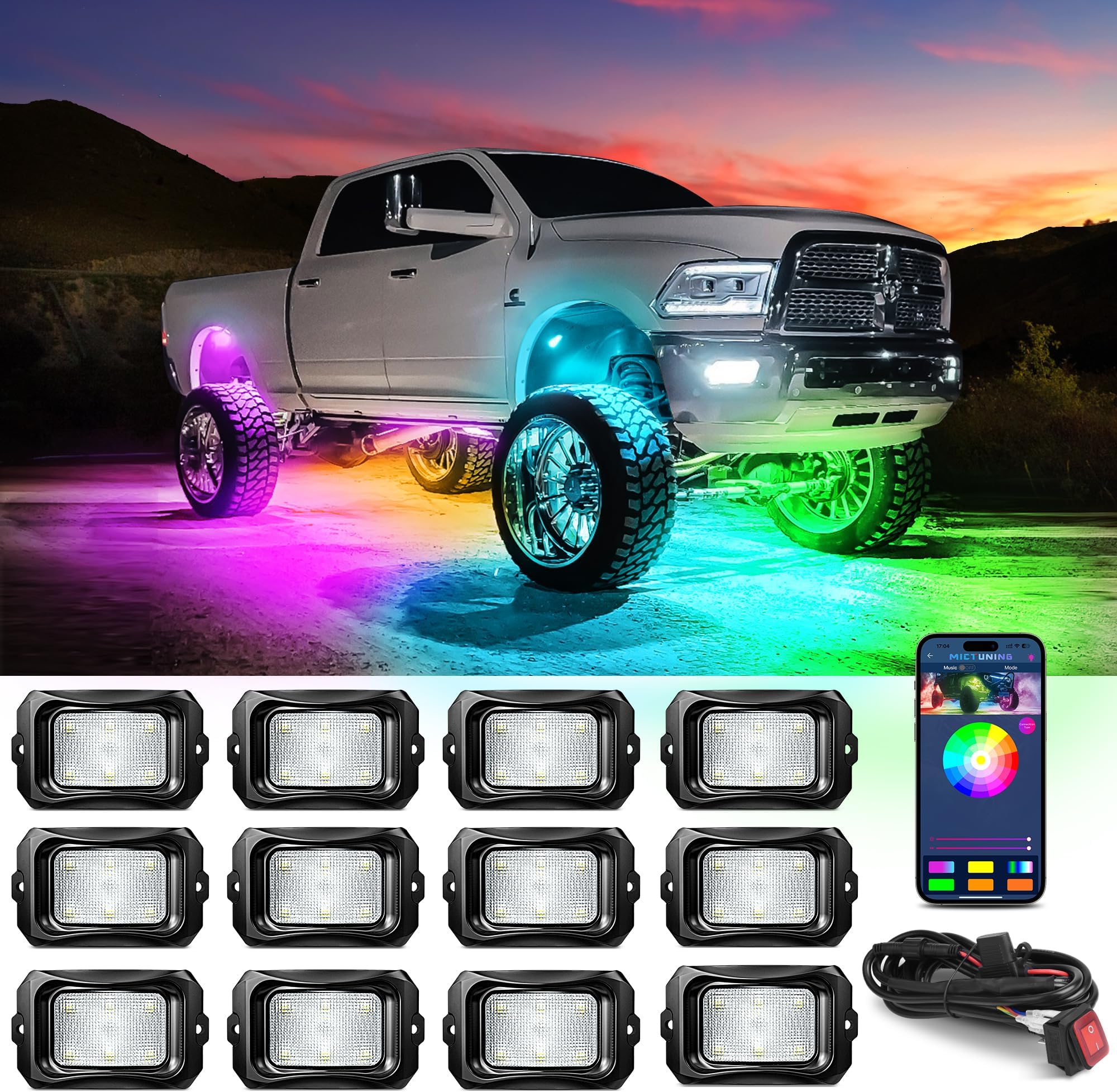 MICTUNING C2 Max RGB+IC Chasing Color LED Rock Lights - 12 Pods Underglow Lighting Kit, Dynamic Lighting Modes, Extensible Up to 24 Pods with Stable APP Control, IP68 Waterproof, DIY Effect