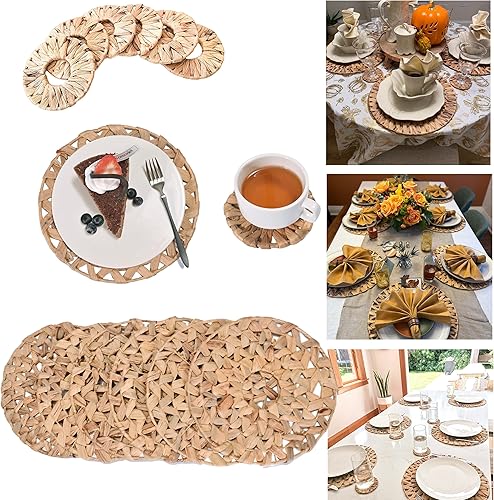 Juego de 12 manteles individuales tejidos para mesa de comedor, manteles individuales de jacinto de agua de granja, manteles individuales de paja