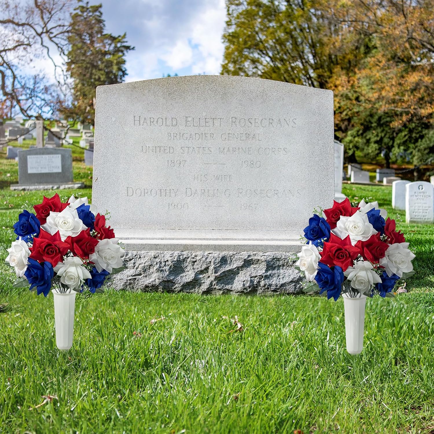 ICX Artificial Cemetery Flowers with Vase,Set of 2 Blue,White and Red Rose Grave Flowers for Cemetery,Memorial Day Flowers for Cemetery,Cemetery Flowers for Grave,Grave Decorations - Image 6