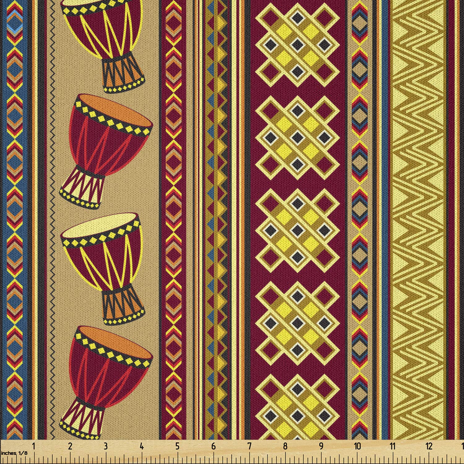 Ambesonne African Fabric by The Yard, Oriental Djembe Drums Music Culture in Theme Geometric Chevrons Triangles, Microfiber Fabric for Arts and Crafts Textiles & Decor, 2 Yards, Yellow Ruby