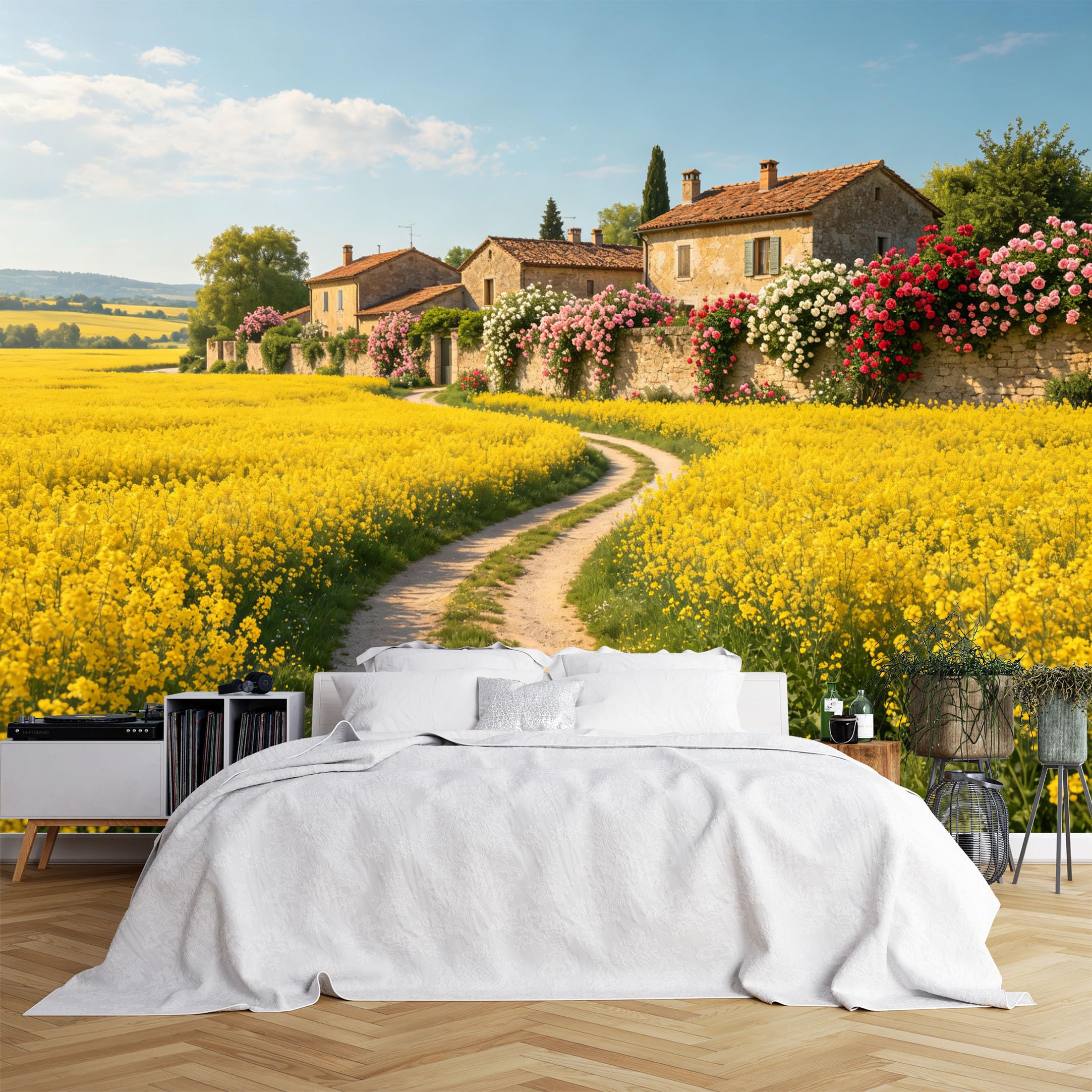 Lcythiazole Ch260615116 Custom Size Wall Murals Golden Rapeseed Field Rural Stone Villa View Wall Murals Realistic Country Wallpaper Full Wall Self-Adhesive Removable Wallpaper For Living Room