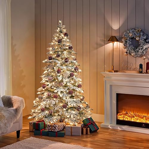 Miniatura 2 de Yaheetech Árbol de Navidad artificial preiluminado de 6 pies con 400 luces LED blancas cálidas y 940 puntas de PVC, árbol de Navidad con bisagras