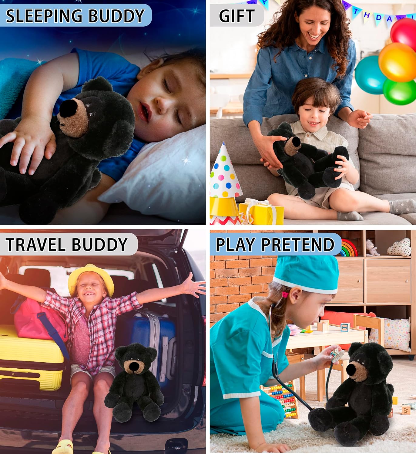 DolliBu Plush Black Bear Stuffed Animal - Soft Huggable Long Leg Black Bear, Adorable Playtime Plush Toy, Cute Wildlife Cuddle Gift for Kids and Adult - 10.5 Inch