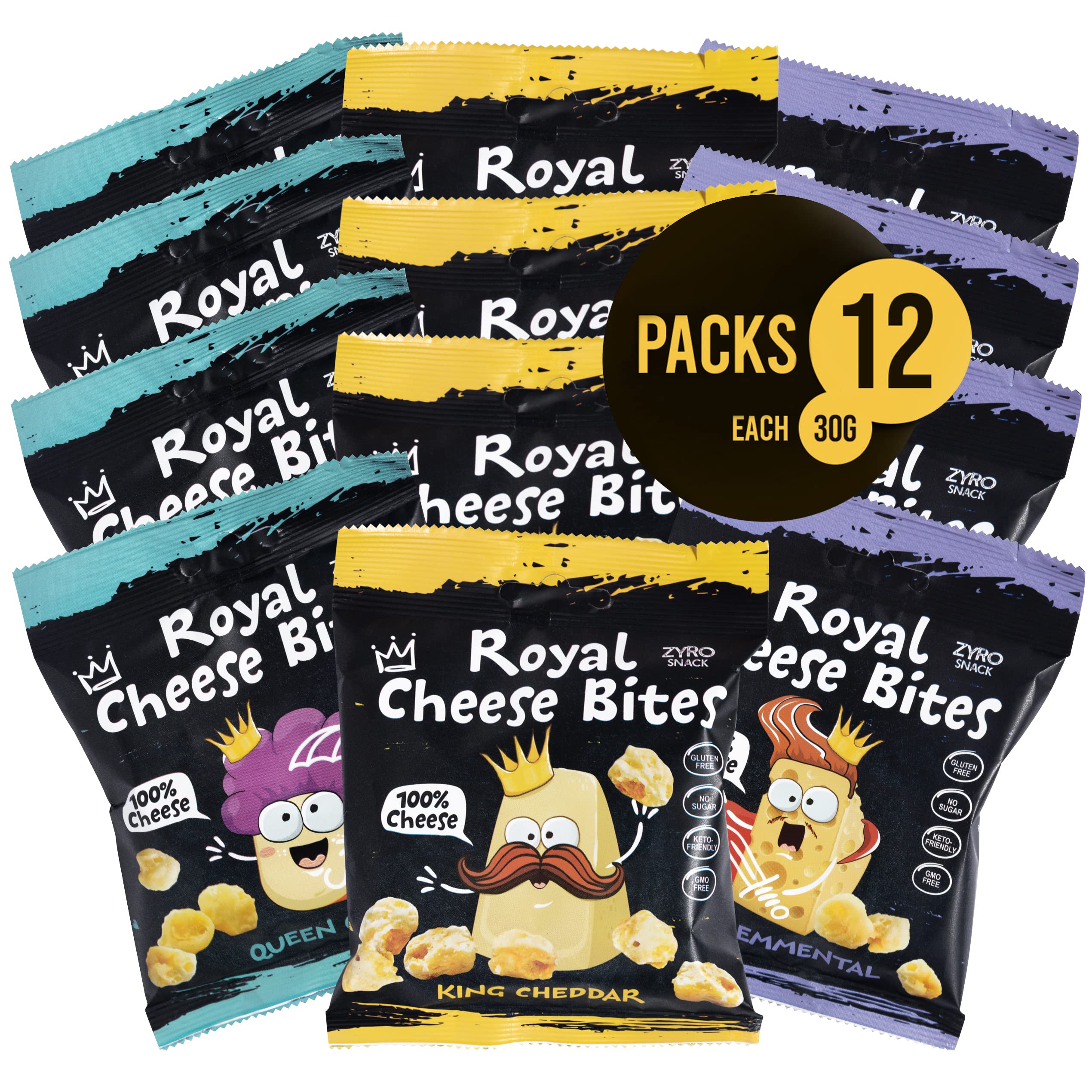 Royal Cheese Bites – 12 Beutel Low Carb Keto-Snacks - Sortiert – Ofengebackener Ganz Natürlicher Protein Snack - Gesunde Snacks für Kinder und Erwachsene – Low Carb Lebensmittel - Glutenfrei - Mix