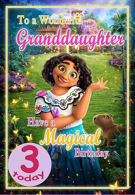 Granddaughter Age 3 Birthday Card  Disney Encanto Princess  Optional Personalised Extra Large 77MM Badge - Full Colour Inside - Posted Same Day!