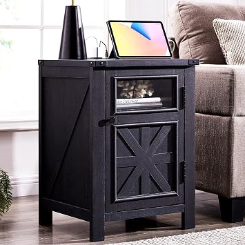 JXQTLINGMU Farmhouse End Table with Charging Station, 18 Rustic Nightstand with Barn Door & Adjustable Shelf, Wooden Sofa Side Table with 3-Tier Storage for Living Room, Bedroom, Black