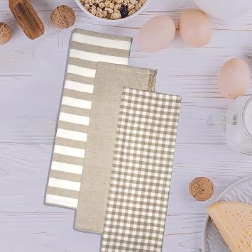 Kitchen Towels or Tea Towels with Hanging Loop | Cotton Flax | 20 X 28 | Set of 3 | Super Absorbent, Quick Drying, Hand Towels for Modern Kitchen Decor | Assort Design