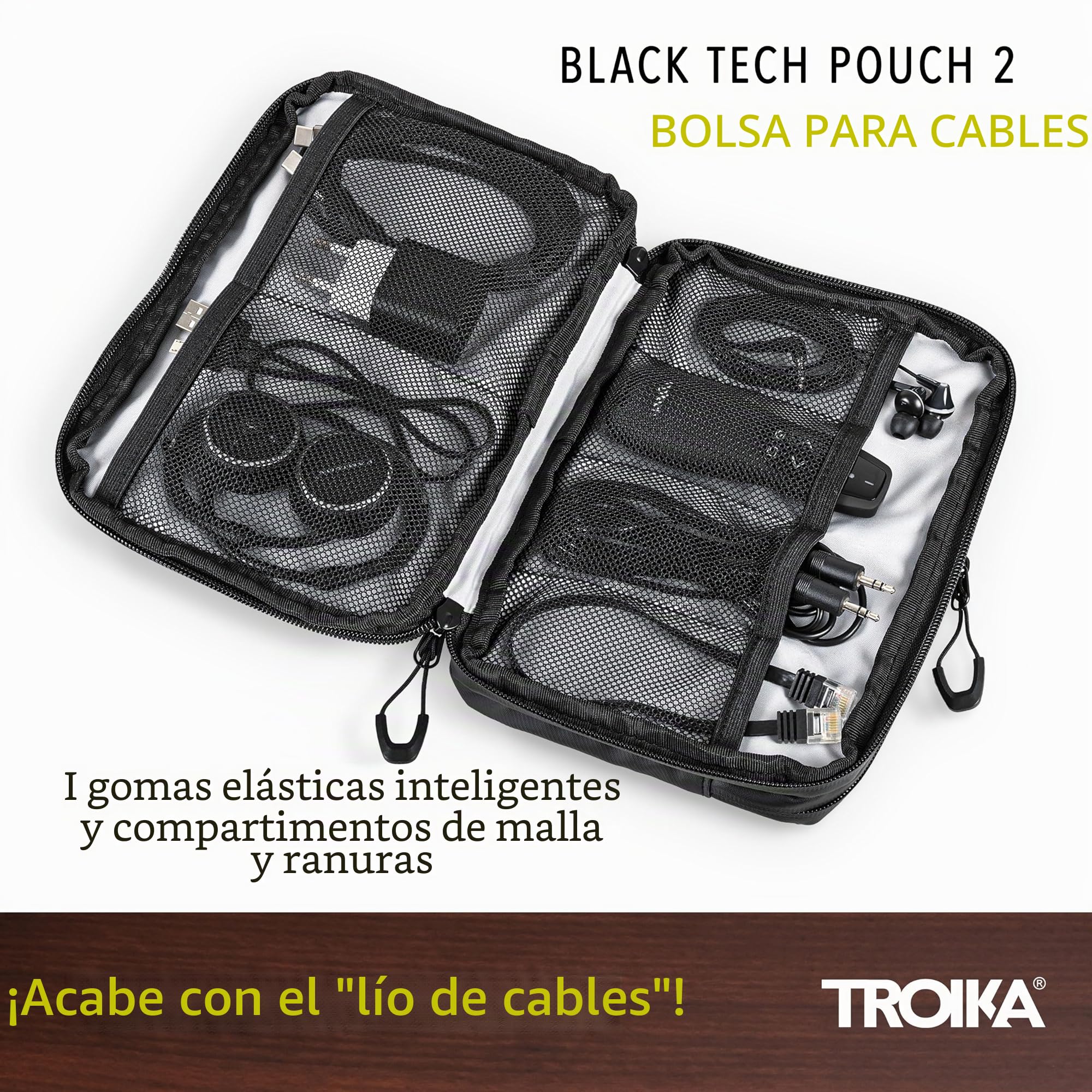 TROIKA Black Tech Pouch 2 - BBL64/BK - Bolsa organizadora de Cables para Accesorios electrónicos – 3 Compartimentos con Cremalleras hidrófugas, Tarpaulin (Iona) – Negro