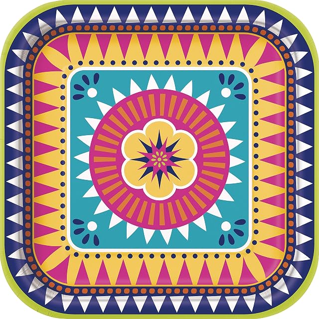 Unique Party 73445 - 23cm Square Boho Fiesta Paper Plates, Pack of 8