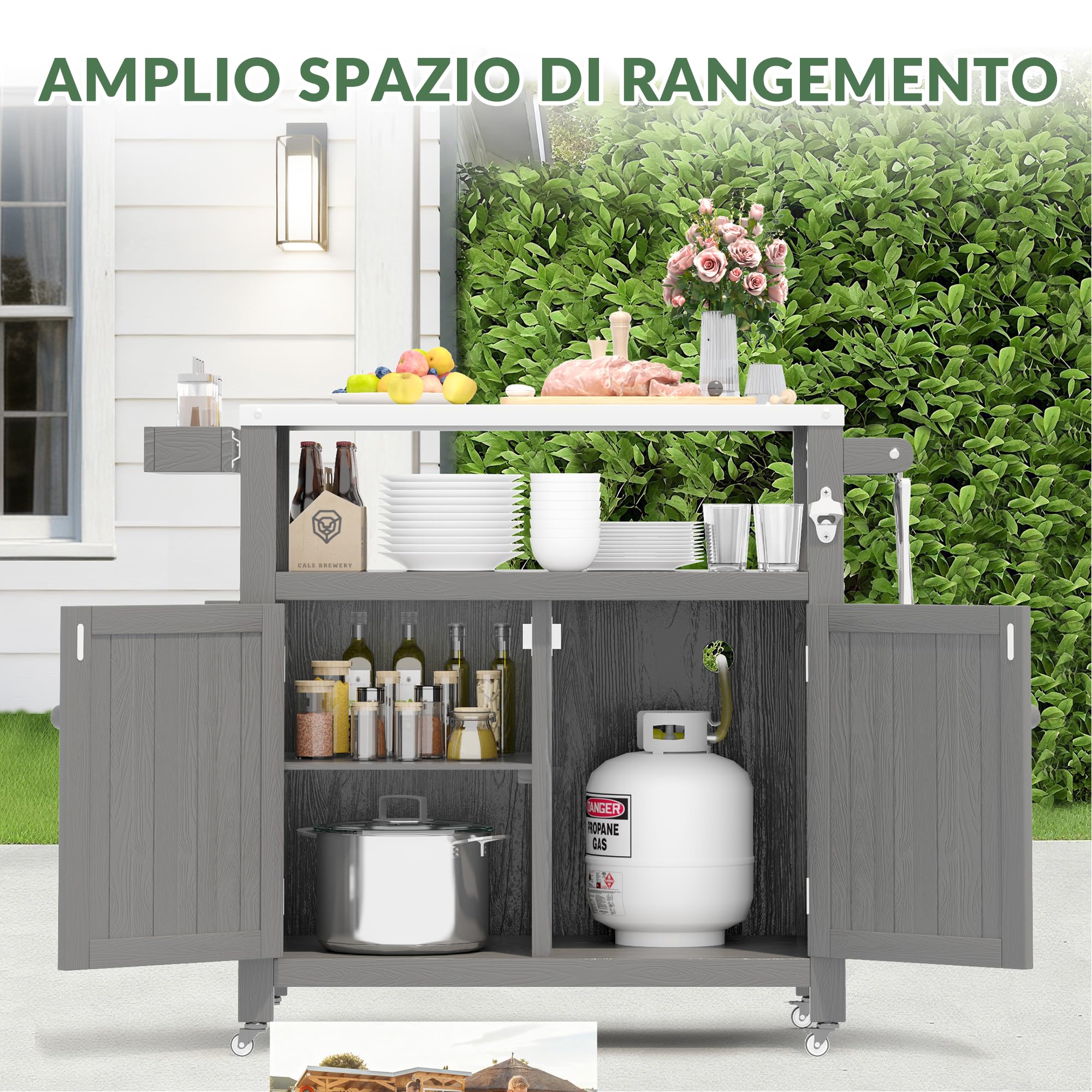 Isola di Cucina Esterna con Ruote Marrone - Carrello Barbecue Mobile Multifunzione, Piano Lavoro e Stoccaggio, Portatile per Giardino Terrazza Campeggio Picnic