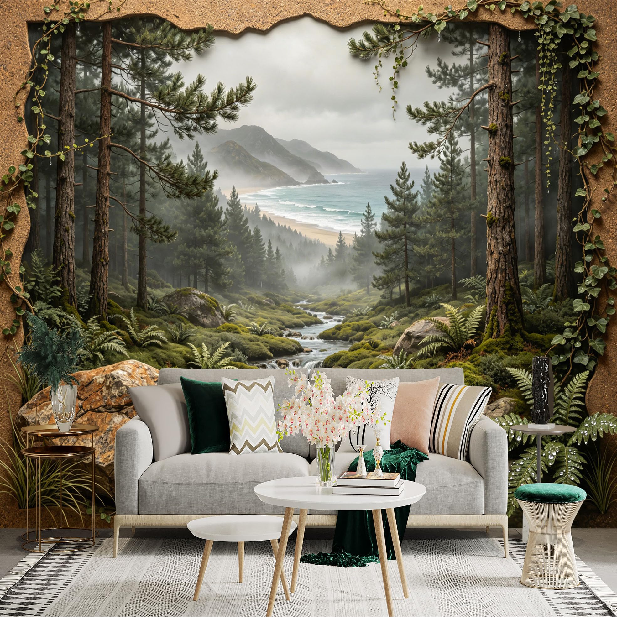 Custom Size Wall Sticker Mural， Misty Forest Stream with Mountains， Ocean and Pine Trees， for wall Decoration， peelandstick wall Decals.