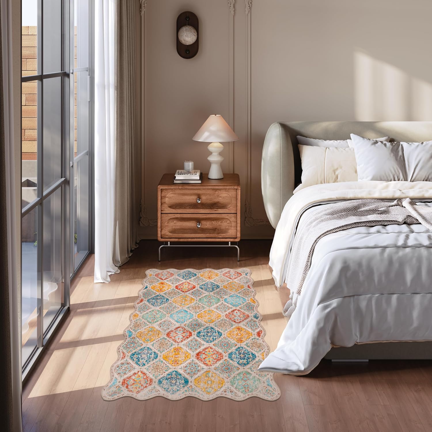 Moroccan 3x5 Area Rug, Unique Scalloped Ultra-Thin Soft Washable Rug, Non-Slip Stain Resistant Lightweight Low-Pile Carpet for Living Room Bedroom Dining Room Office (Yellow Grey)