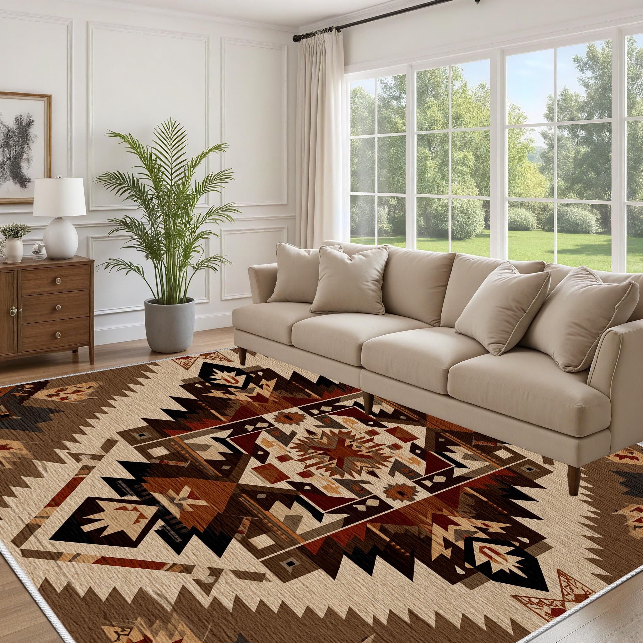 Motif Géométrique Aztèque Abstrait Tapis de Salon 60x110cm Doux Carpet à Poils Courts Géométrique Vintage Rug de Chambre Adulte Lavable en Machine Tapis Antidérapant