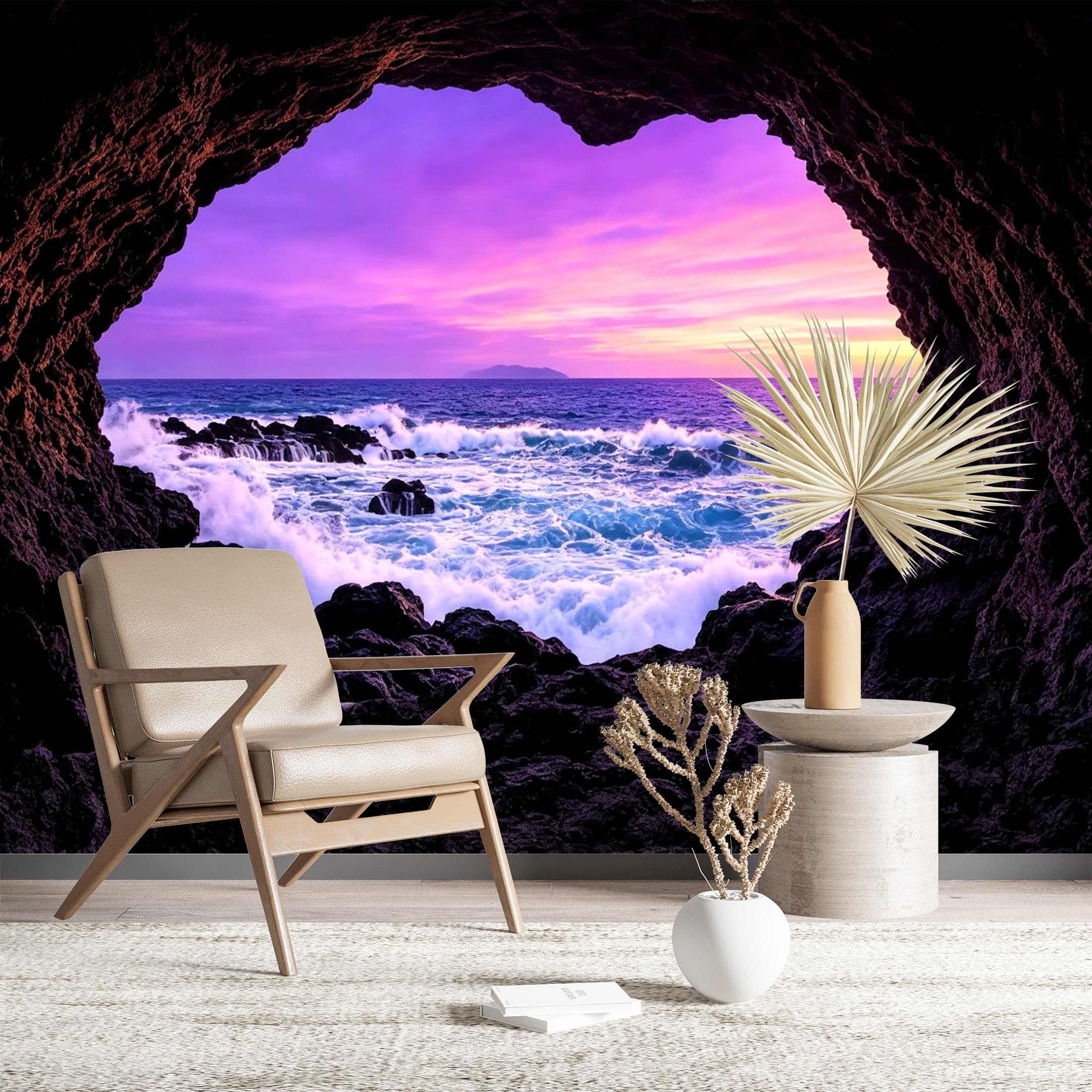 Custom Size Wall Murals Heart Cave Sunset Ocean Waves Wall Murals Beach Wallpaper Full Wall Self-Adhesive Removable Wallpaper for Living Room Bedroom