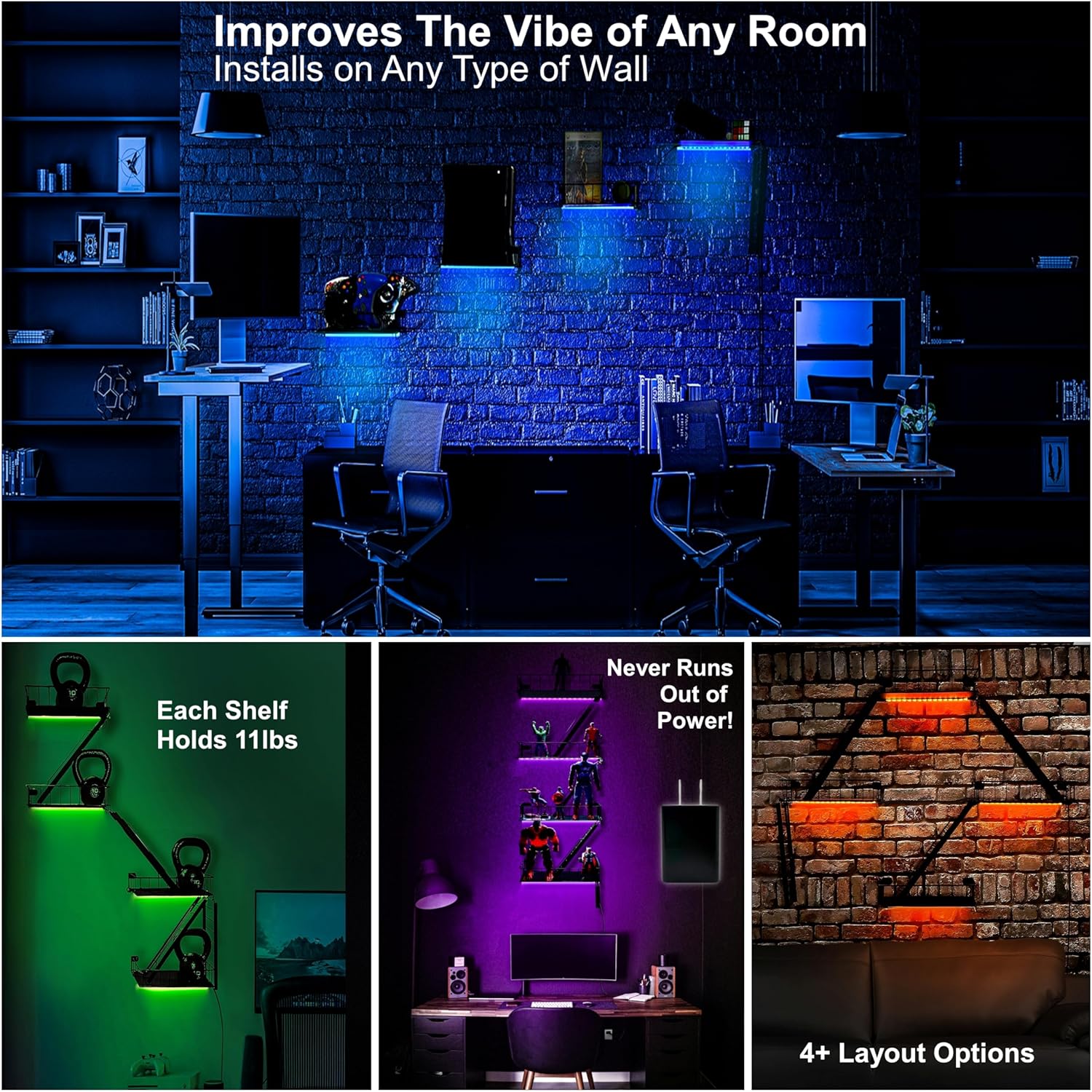 LED 4-Tier Fire Escape Shelf with LED Light Strips Pre-Attached and Remote Control - Iron Fire Escape Wall Shelf w/ 44lb Weight Capacity. Floating Shelves with Lights for Any Room.