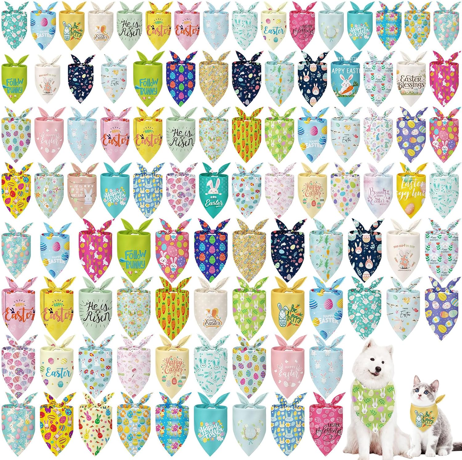 Huhumy 100 Pcs Spring Dog Bandanas Bulk in 3 Sizes, Washable Pastel Floral & Bunny Pet Scarf Bibs, Grooming Accessories Assortment for Small Medium Large Dogs