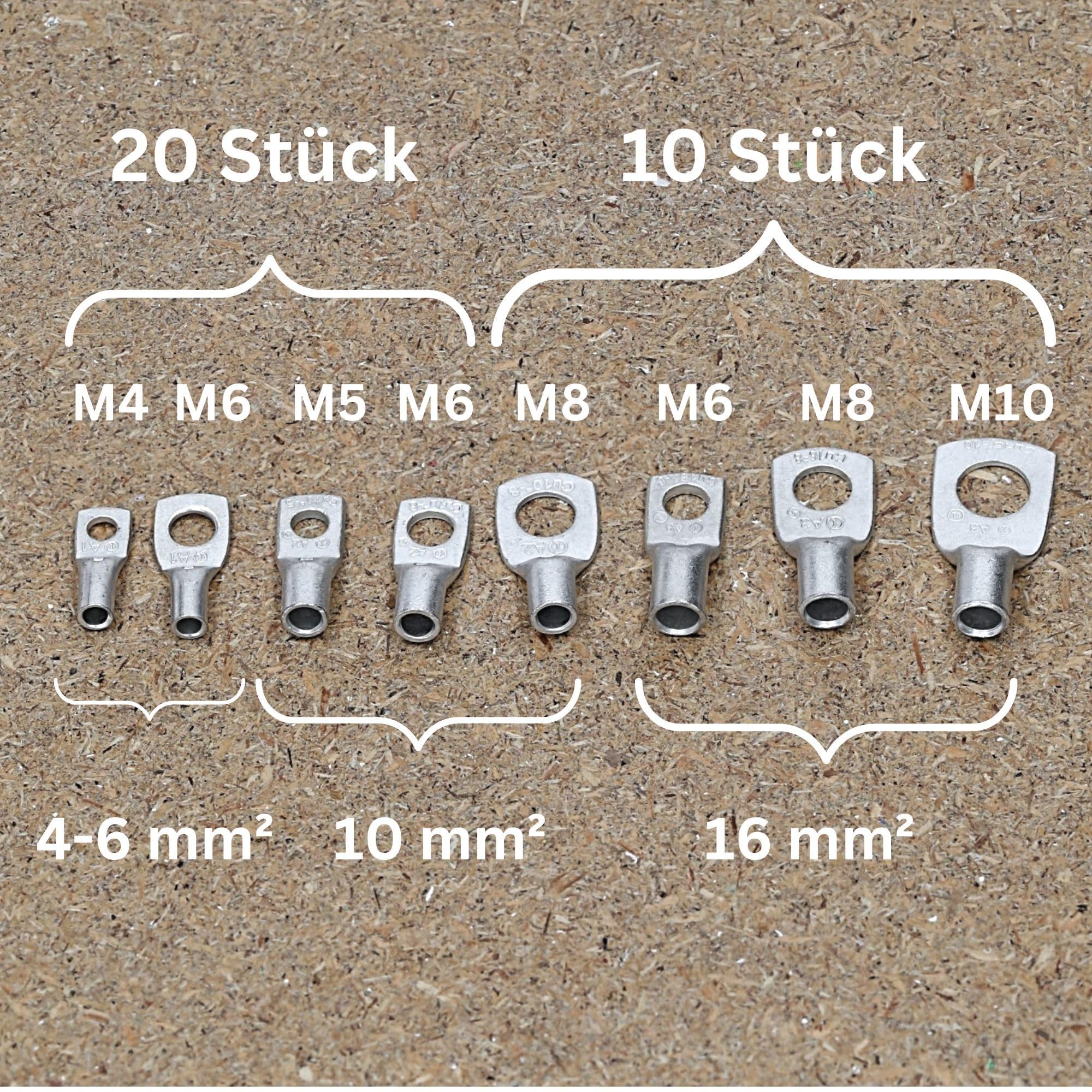 Kalitec 120x Rohrkabelschuhe Sortiment 4-16mm² - Quetschverbinder Set | Verzinnte Kupferkabelschuhe geglüht für hohe Dehnbarkeit, inkl. M4, M5, M6, M8, M10 Ringösen für Elektriker & Techniker