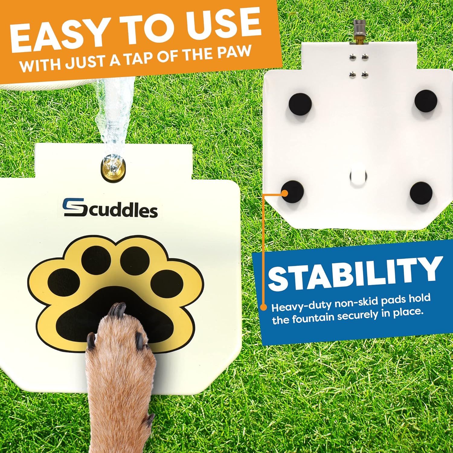 Scuddles Outdoor Dog Water Fountain – Step-On Dog Sprinkler Toy with Stainless Steel Hose, Brass Valve & Non-Slip Base – Automatic Pet Water Dispenser for Dogs, Easy to Use & Clean