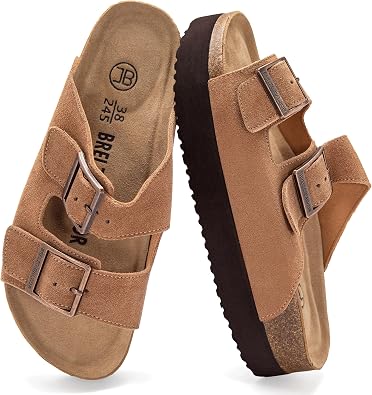 Platform Sandals Women Suede Sandals Arch Support Summer Slides with Adjustable Buckle Open Toe