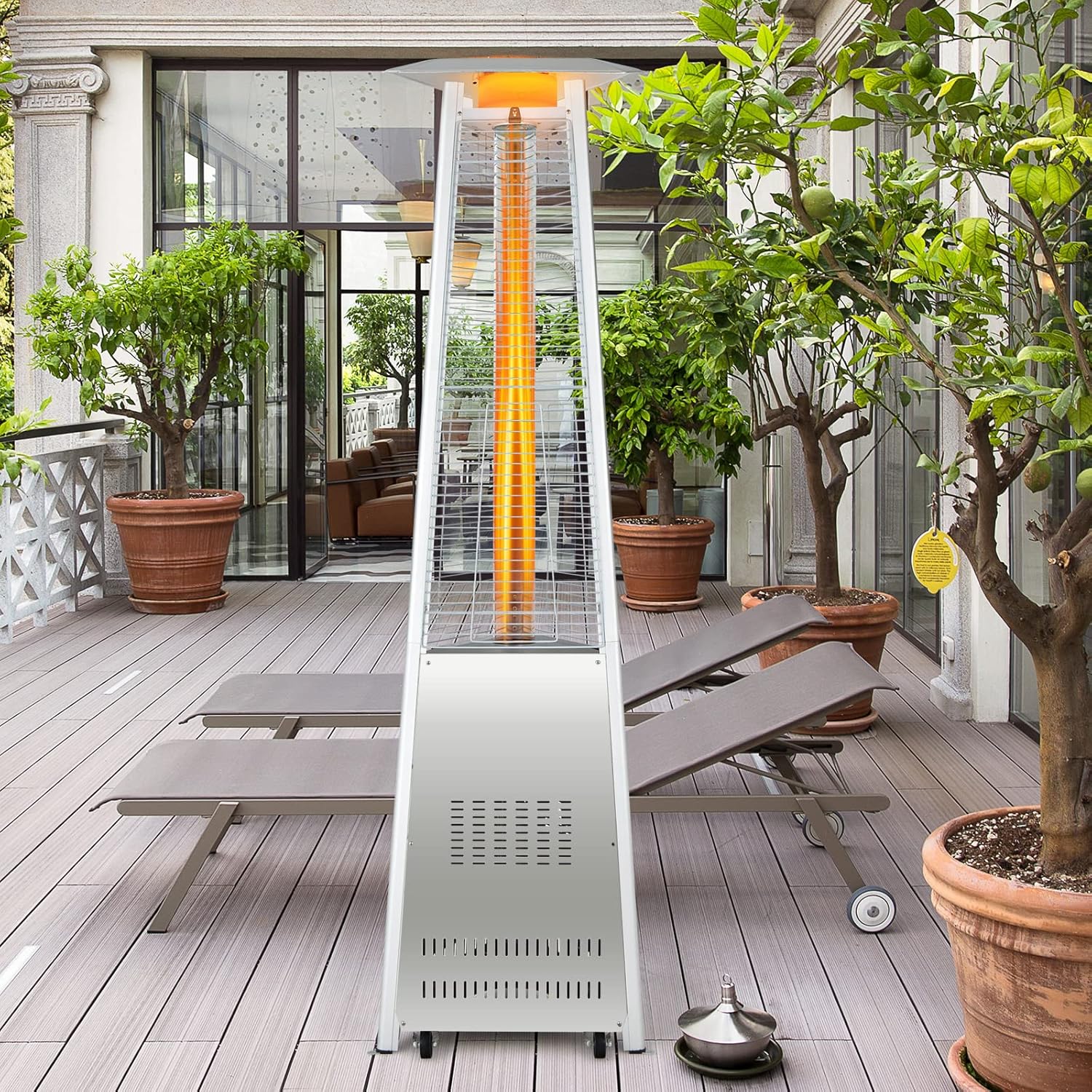 Giantex Portable Patio Heater, 42,000 BTU Pyramid Stainless Steel Outdoor Patio Heater w/ Simple Ignition System and Wheels, Outdoor Heater with Tip-Over & Flameout Protection for Backyard, Garden (Silver)