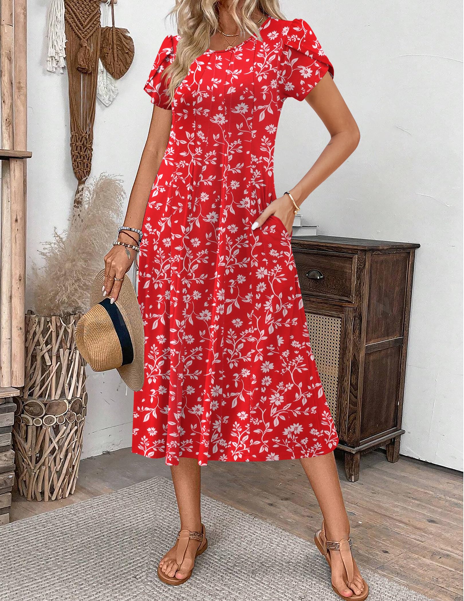Zeagoo Robe Femme Estivale Casual Manches Courtes avec Poches A‑Line Robe Midi Légère Élégante pour Printemps Été S-XXL