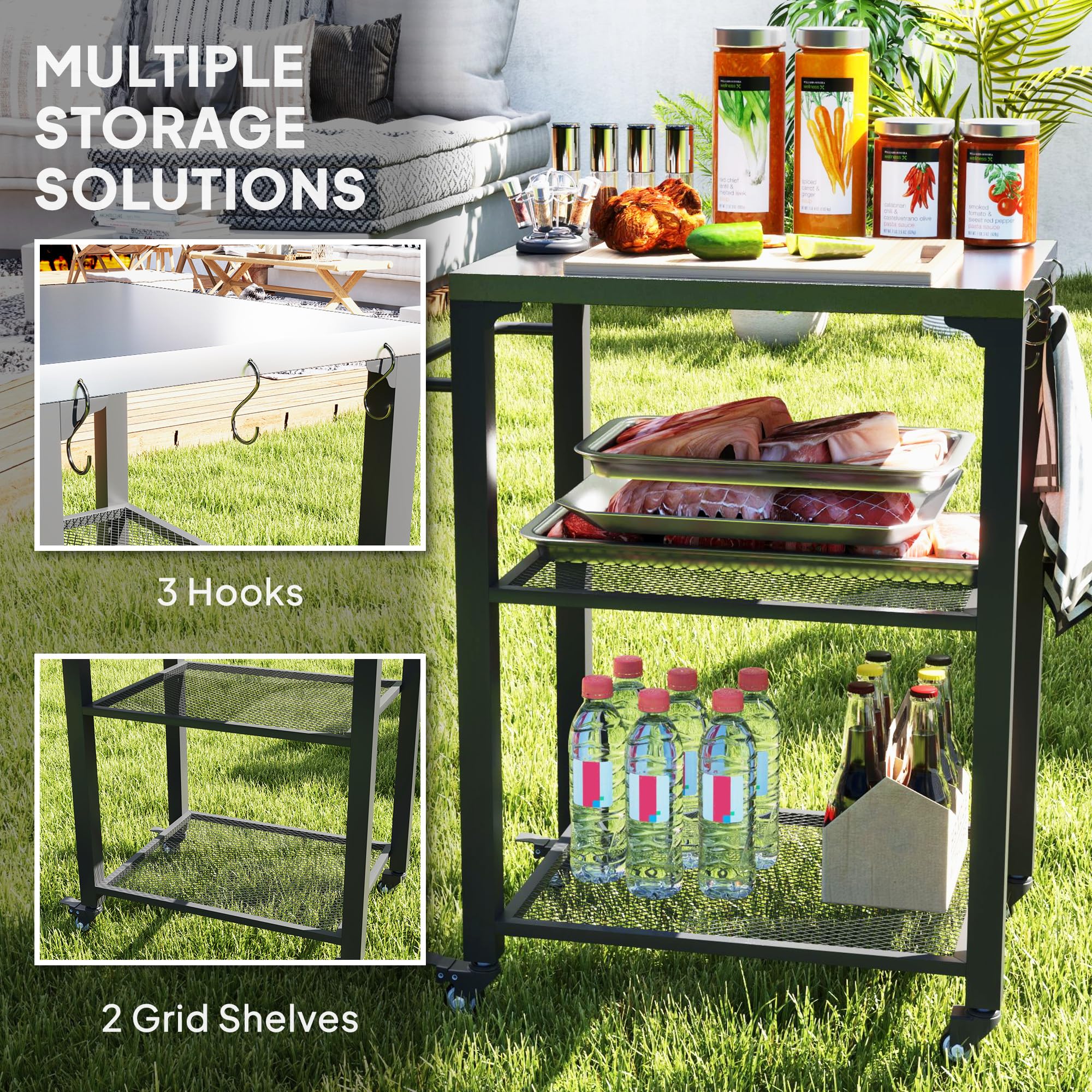 Outsunny Chariot de barbecue d'extérieur à trois étagères avec dessus en acier inoxydable, îlot de cuisine d'extérieur avec 4 roues, 3 crochets, table de four à pizza mobile pour cuisine, jardin, 65,5