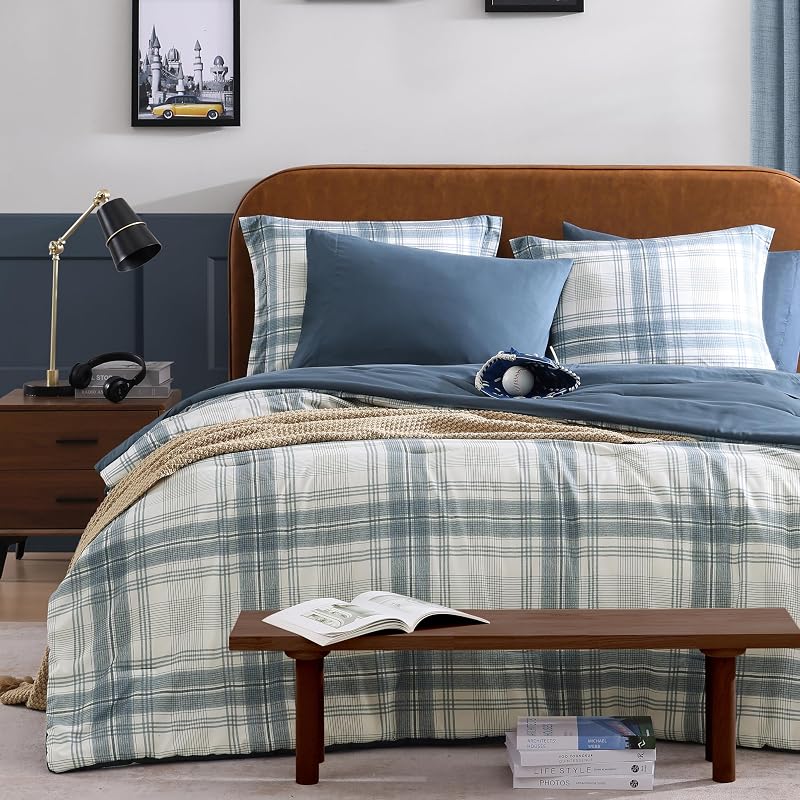 Plaid Full Size Comforter Set Blue Grey 7 Pieces Farmhouse Bed in a Bag image 2