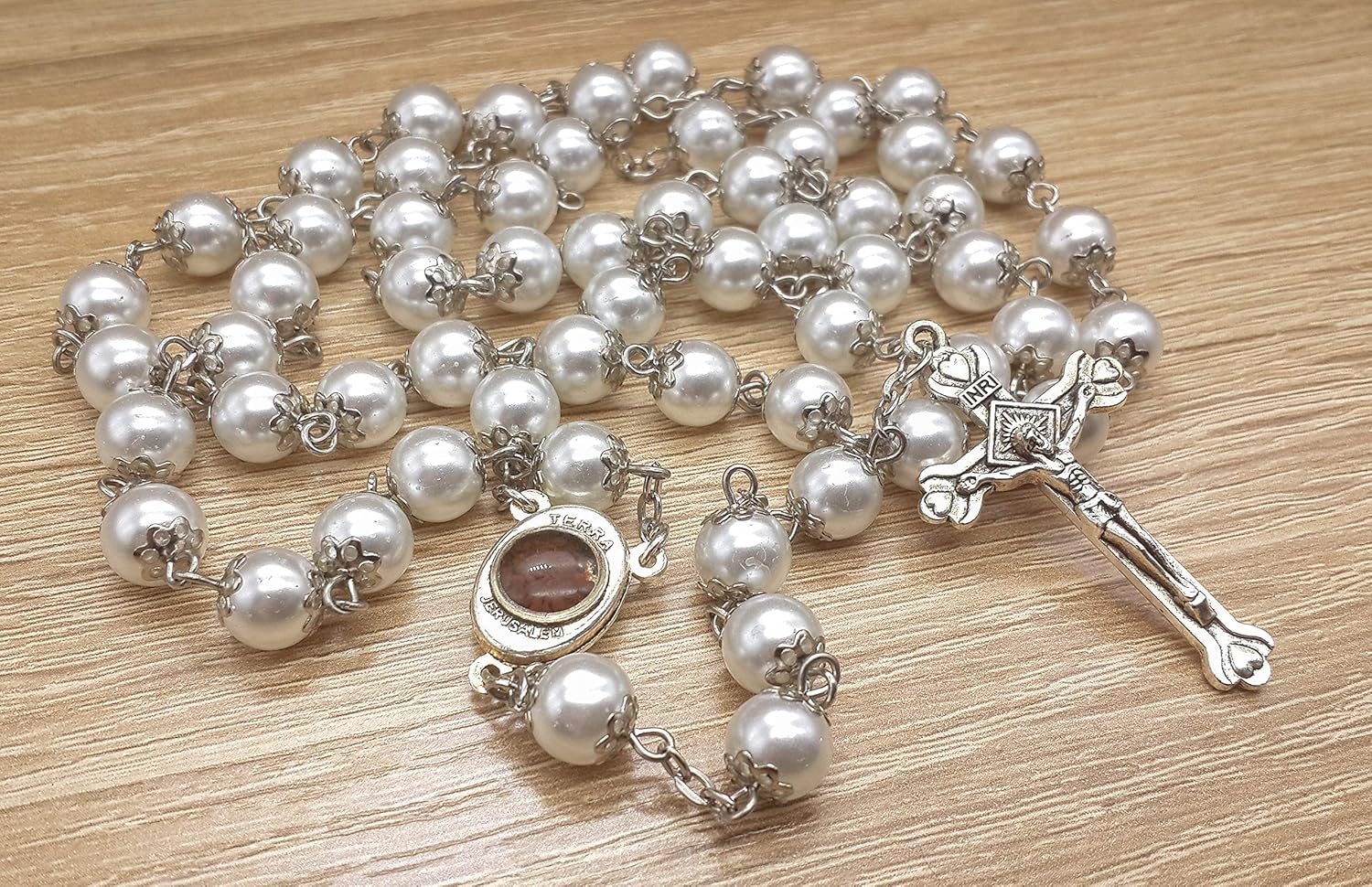 Nazareth Store Wedding White Pearl Beads Rosary Handcrafted Prayer Necklace with Holy Soil Medal and Jesus Cross Crucifix - Image 6