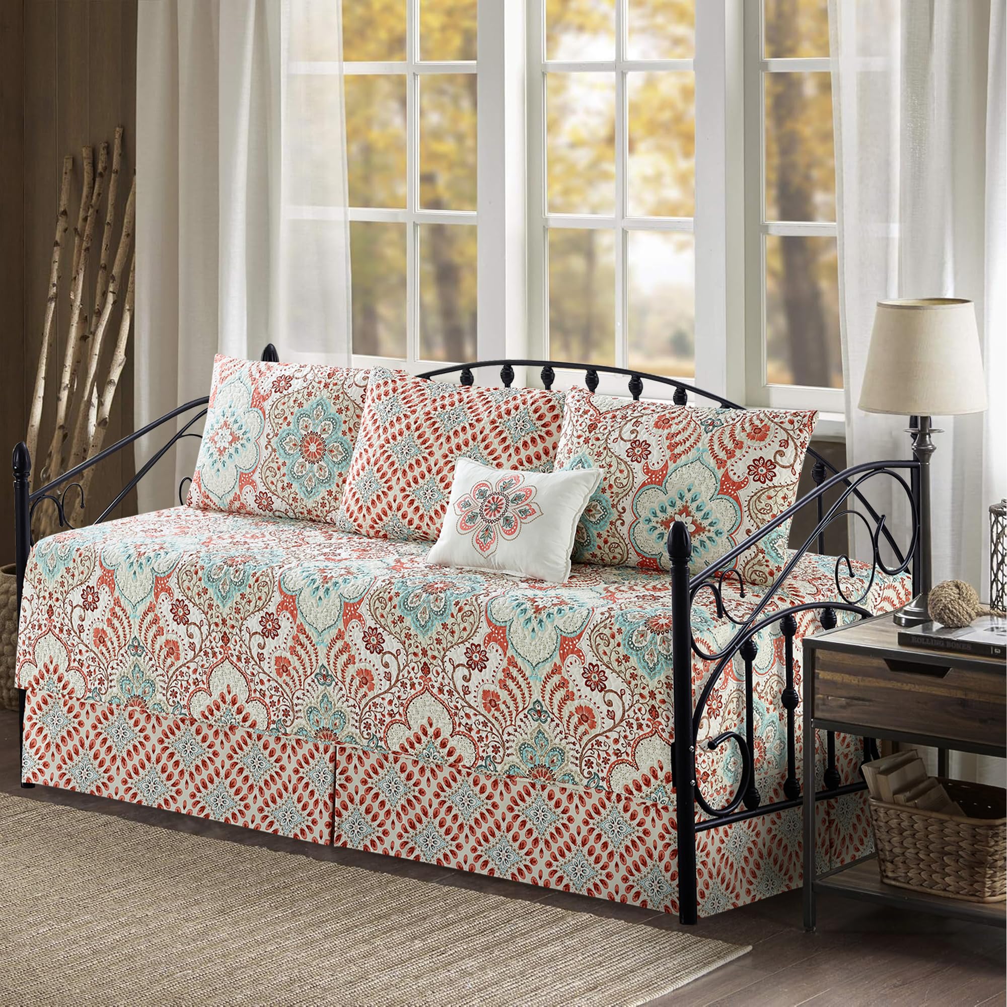 6 Piece Reversible Microfiber Damask Printed Daybed Cover Set, All Season Luxury Bedding with Bedskirt, Matching Shams, Decorative Pillow, 75"x39", Coral Blue