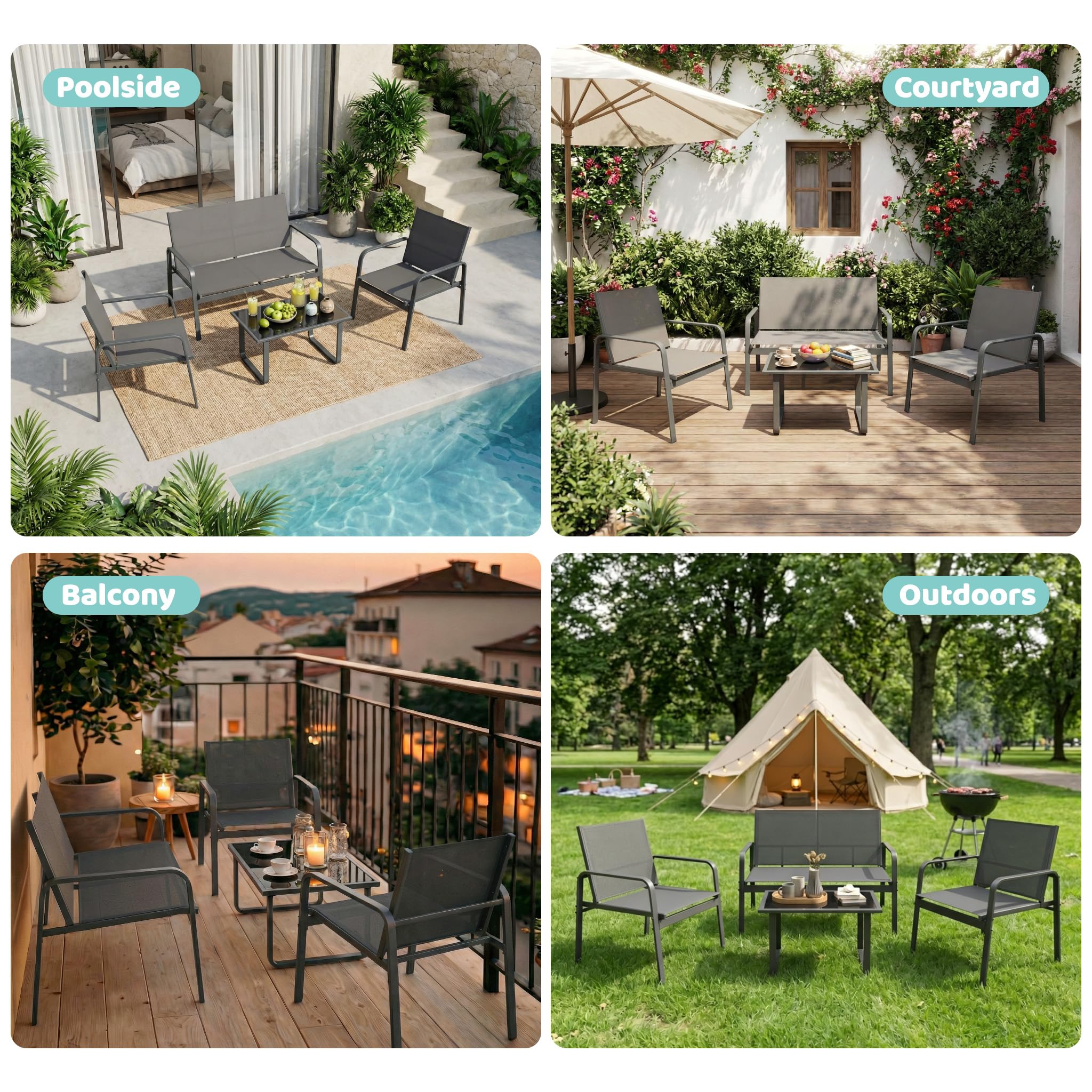 Mondeer Salon de Jardin Exterieur 4 Personnes pour Extérieurs, Gris Foncé | Mobilier de Jardin 4 pièces avec 2 Places 2 fauteuils 1 Table Basse, Métal et Textilène, pour Terrasse Balcon