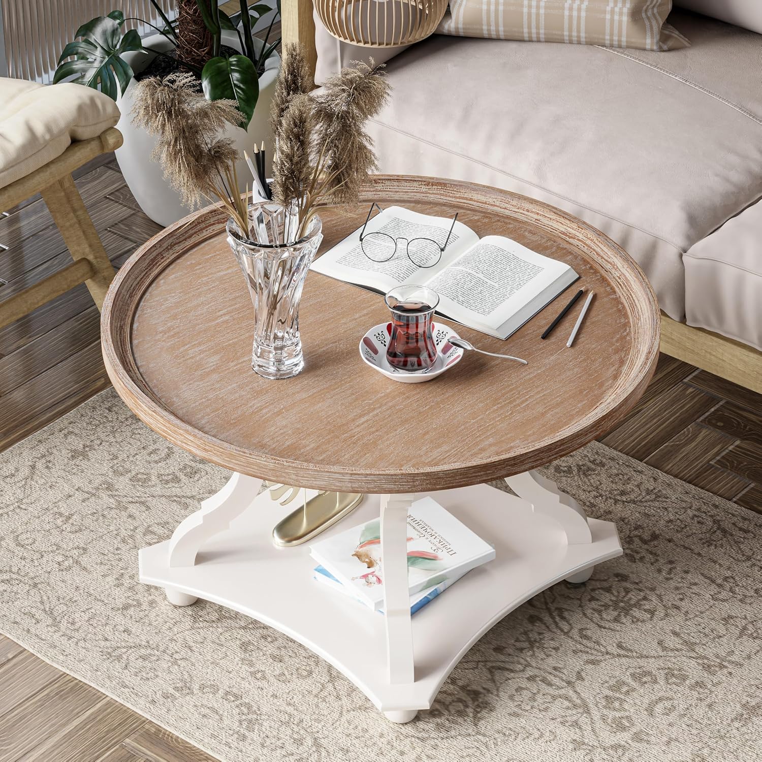 LONYKE Round Farmhouse Coffee Table with Handmade Finish, Wood Tray Top Rustic Coffee Table for Added Thickness, Accent Table with Storage for Living Room, Small Place, White, Circle