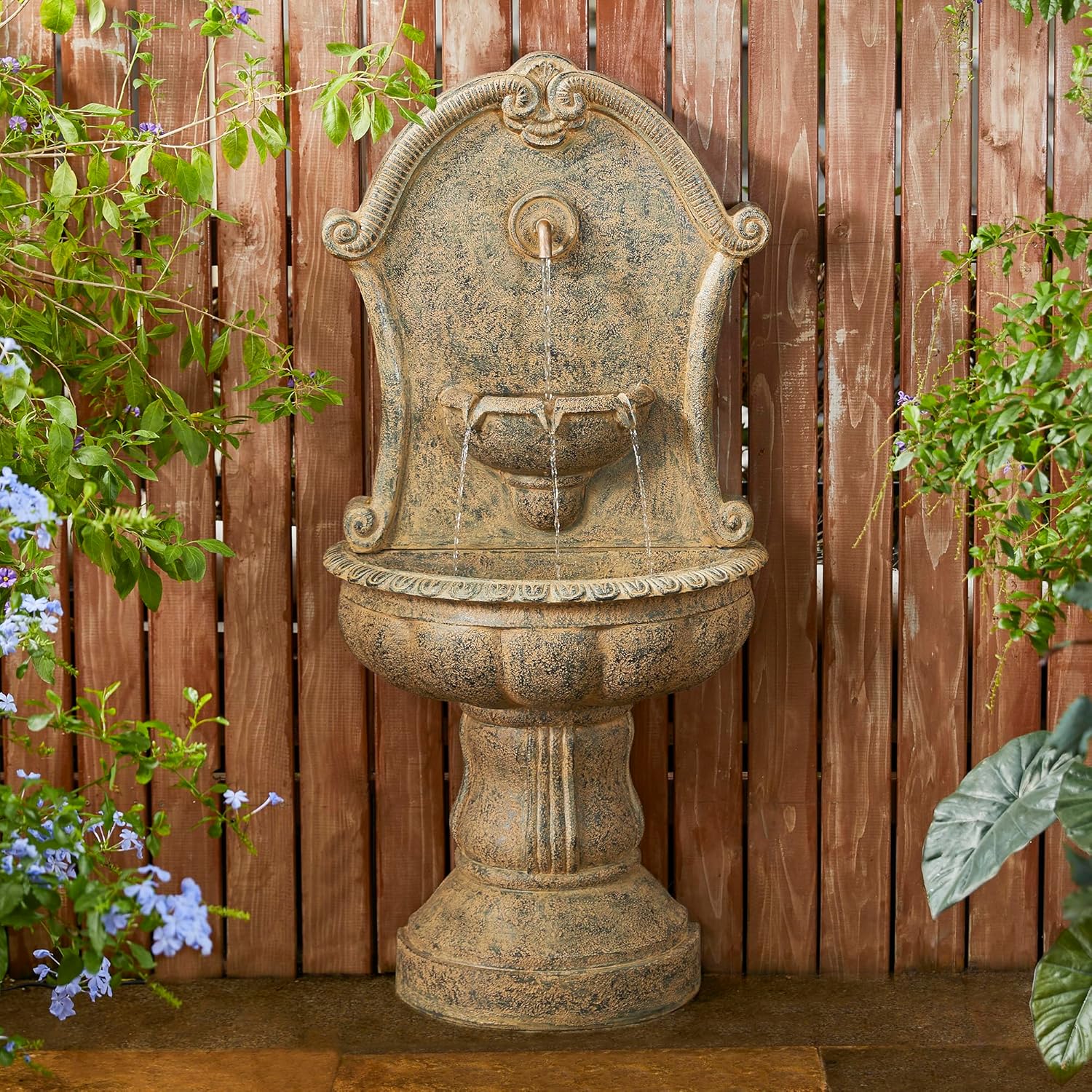 Glitzhome Wall Fountain 49" H, 2 Tier European Style Wall Water Fountains Outdoor Wall Waterfall with LED Light and Pump, Leaning Against Wall Standing Floor Fountain for Garden Patio Backyard