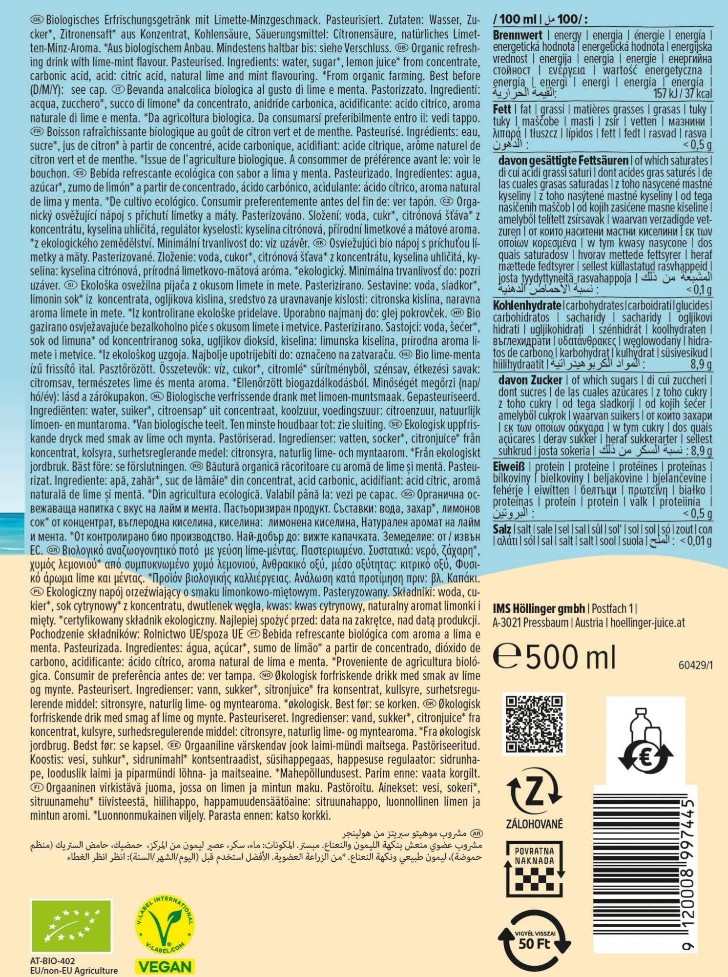 Höllinger Mojito Sprizz Bio Sans Alcool, Boisson Pétillante au Citron Vert et Menthe, 500ml, Biologique
