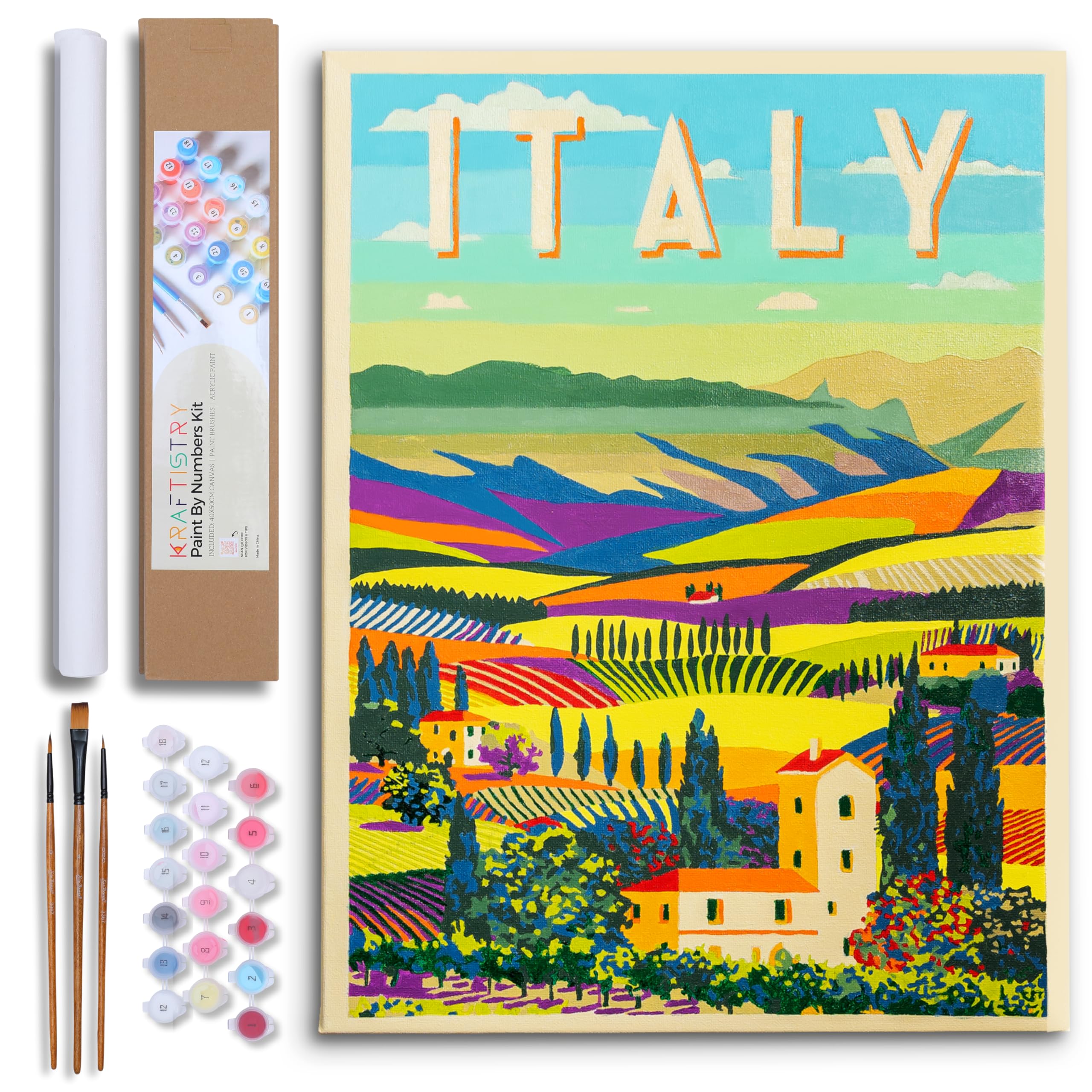 DIY Paint by Numbers Kit for Adults Canvas Beginner - 16" x 20" Country Painting with 3 Premium Paint Brushes, Acrylic Paint, Art Craft Kit, Easy Home Decor (Italy)