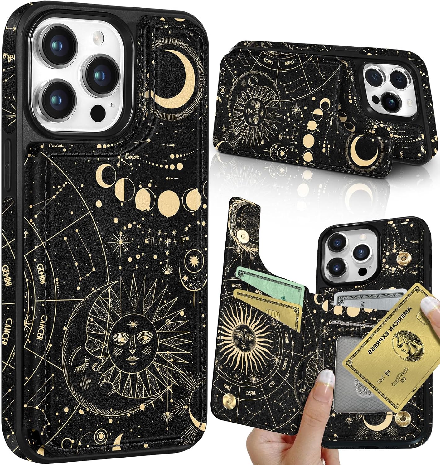 IPhone 15 Pro Wallet Case With Card Holder - Constellation Pattern With Kickstand & Magnetic Closure