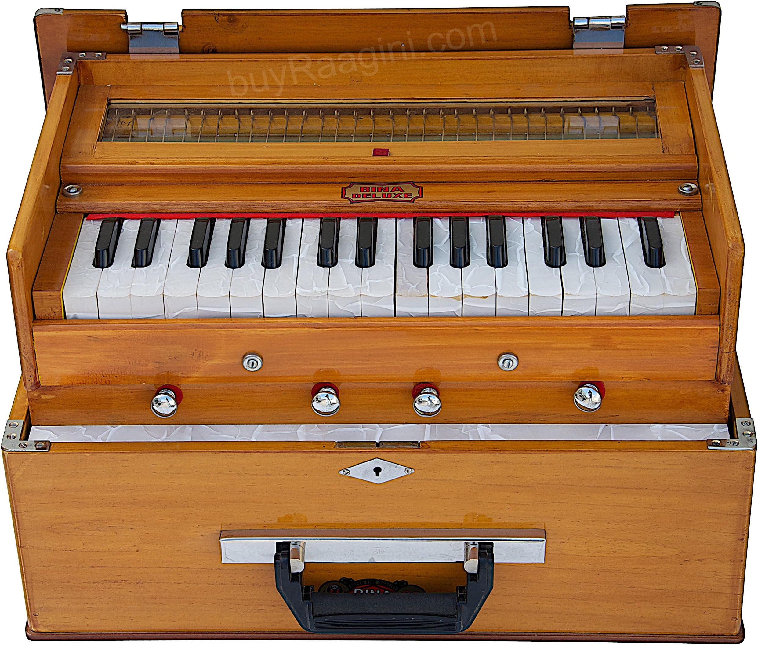 BINA 23B Deluxe, Harmonium, 2 1/2 Octaves, 32 Keys, Small, Portable, Compact, Special Reeds, Safri, Natural Color, Bag, Book, Kirtan, Musical Instrument Indian (PDI-411)