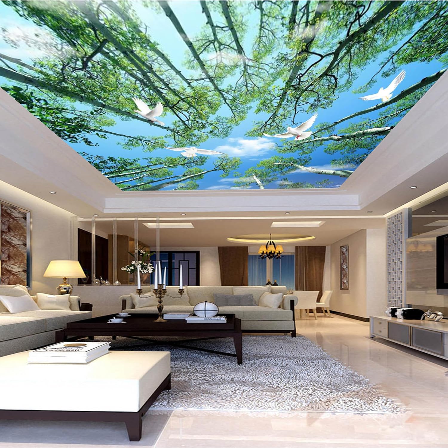 Customized Size Mural Wallpaper Large 3D Self-Adhesive Wall Murals/Peel and Stick Wall Stickers/Flowers and Birds Blue Sky White Clouds Small Flowers Sky Murals