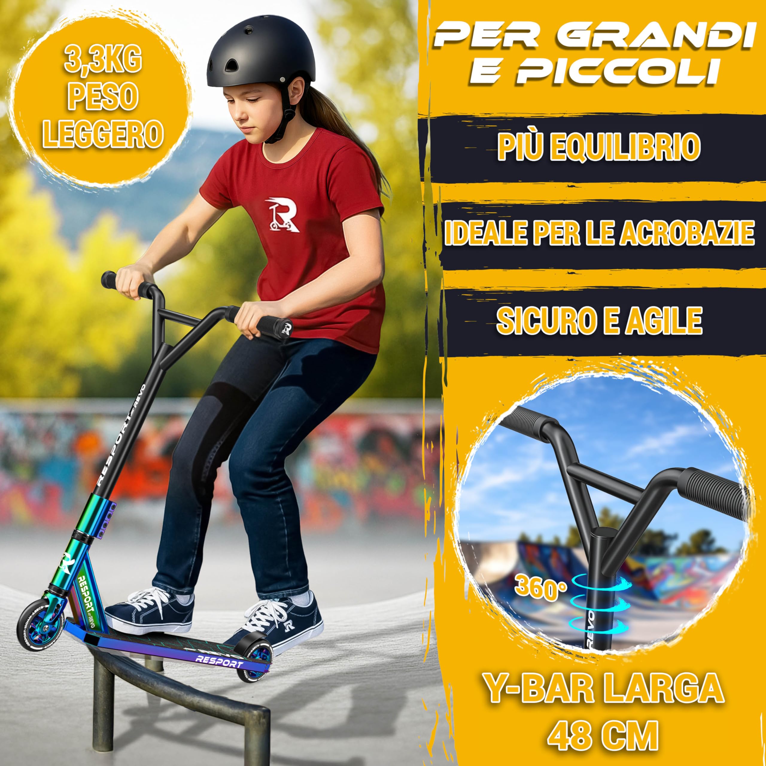RE:SPORT Stunt Scooter REVO per bambini e adulti con supporto, 100 mm, ruote in poliuretano e Y-Bar, per acrobazia, scooter ABEC 9, cuscinetti a sfera