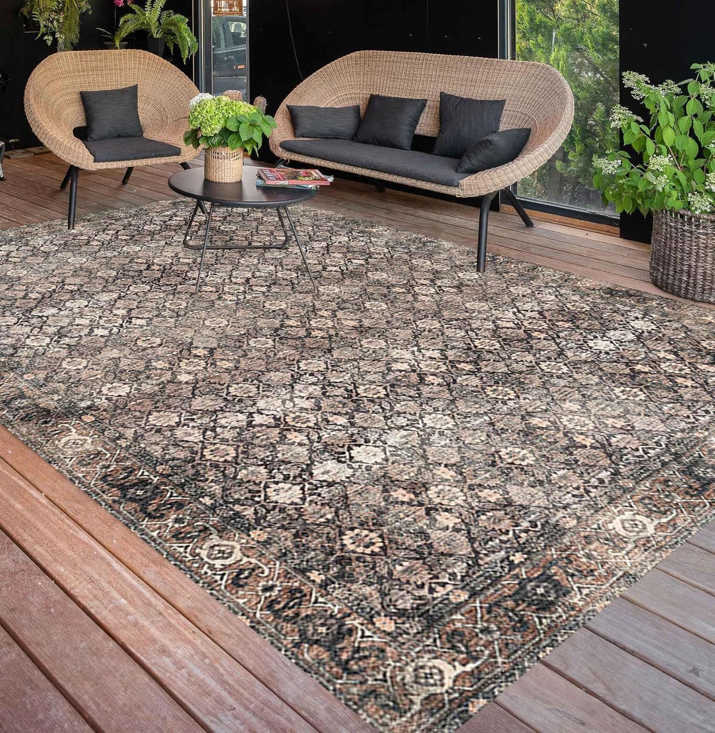 Distressed Vintage Large Rugs Brown Tan Floral Geometric Texture Outdoor Washable Area Rug 4x6 for Porch Patio Deck Non Skid Waterproof Low Pile Cool Rugs Balcony Camping RV Natural Throw Rug Carpet