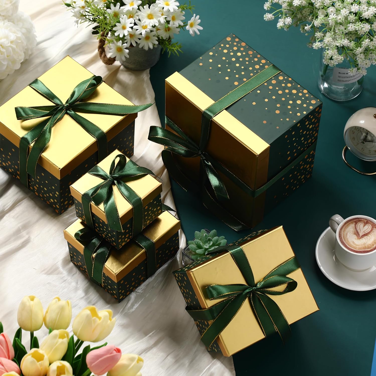 Teenyyou 5 Father's Day Green Square Nesting Boxes Decorative Gift Boxes with Lid and Ribbon 5 Assorted Sizes Wrap for Father's Day Valentine, Anniversary, Birthday