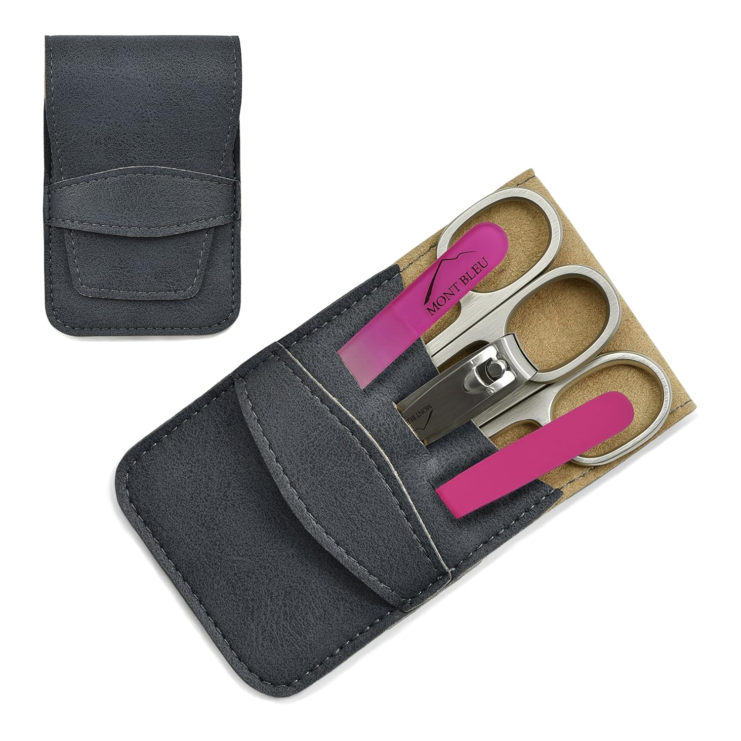 Mont Bleu 5-piece Manicure Set with crystal nail file, in Vegan-Friendly Leatherette Case | Italian Scissors - Czech Crystal Nail File - German Case