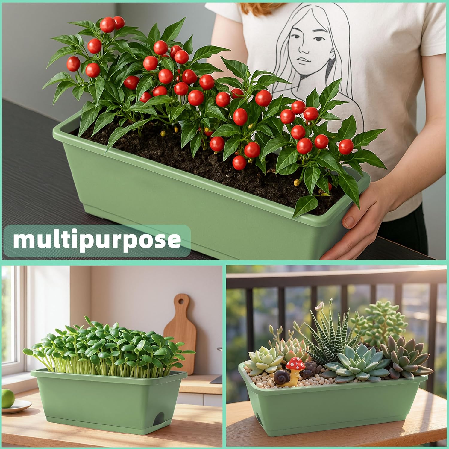 LOCONHA Window Box Planter, 12 Pack Plastic Vegetable Flower Planters Boxes 17 Inches Rectangular Flower Pots with Saucers for Indoor Outdoor Garden, Patio, Home Decor (Brick RED) (Aqua)