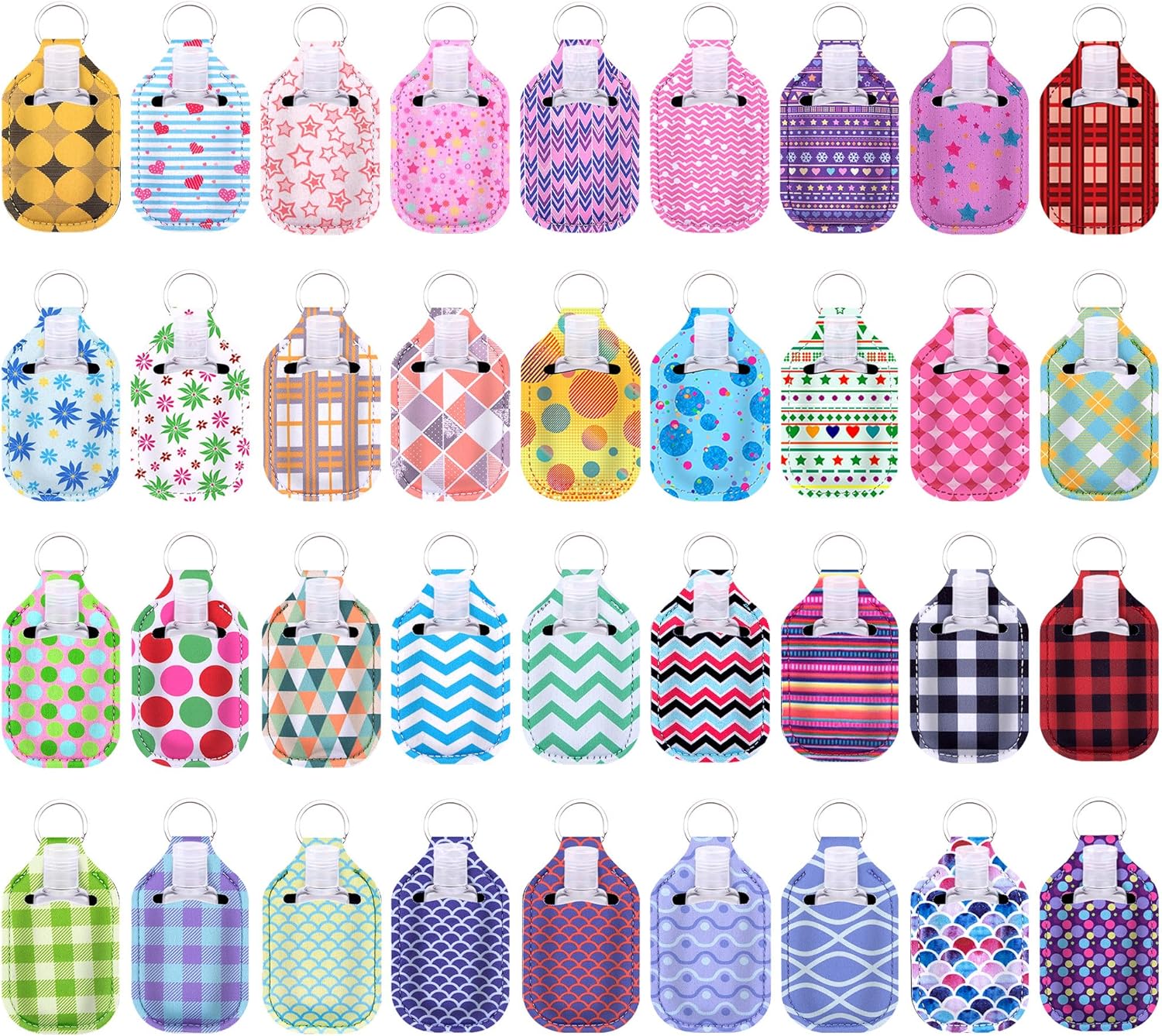 Duufin 72 Pieces Hand Sanitizer Holders Empty Travel Bottles Set Including 36 Pieces Clear Refillable Bottles and 36 Pieces Hand Sanitizer Keychain Holder for Backpack and Purse (Assorted Patterns)