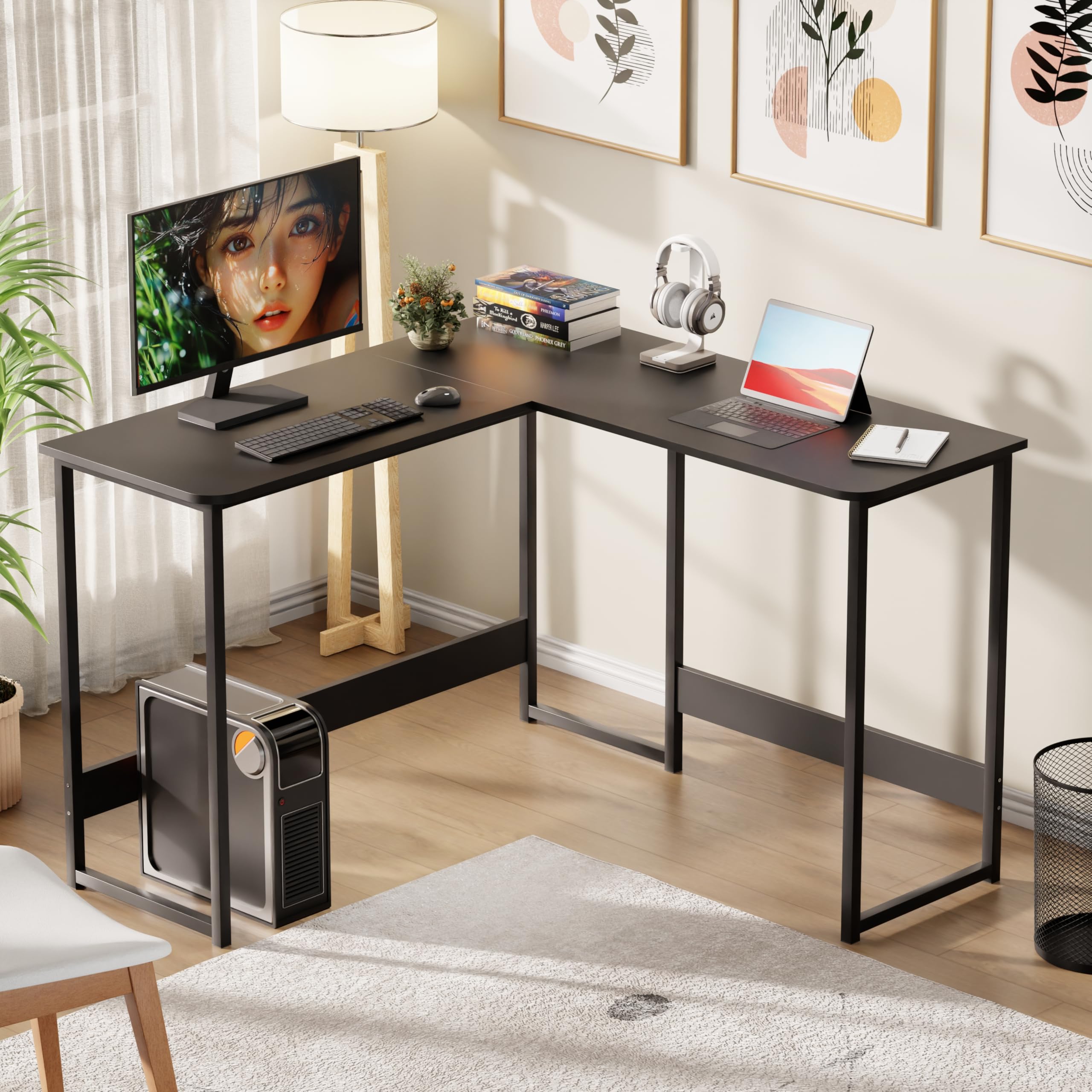 Lukzer Engineered Wood L-Shaped Corner Study and Computer Laptop Table for Home or Office |MST-007/Black & Black | Multi-Functional Sturdy Gaming Station and WFH Desk with Metal Frame